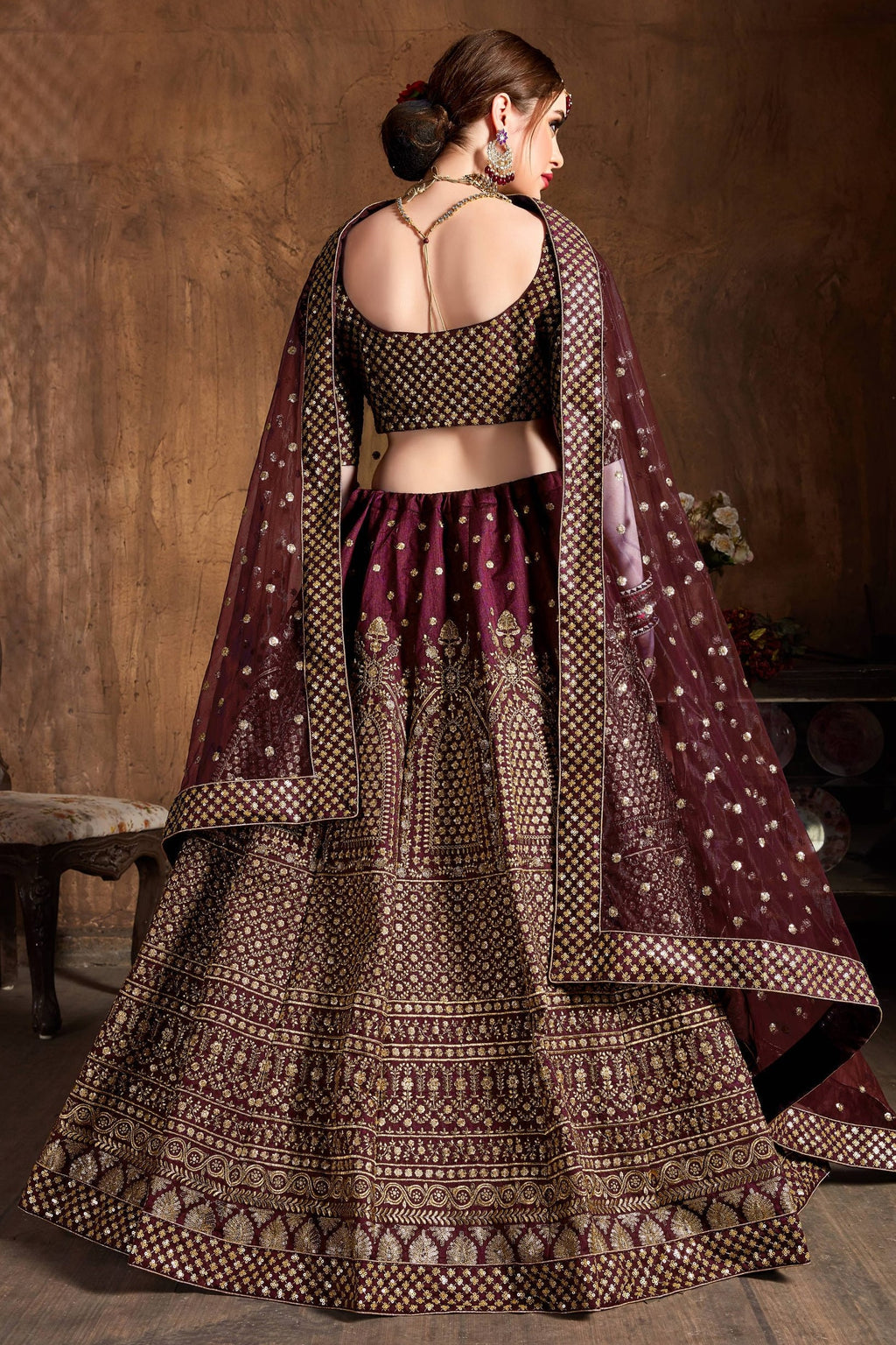 Burgundy Raw Silk Lehenga for Wedding with Zari and Sequins
