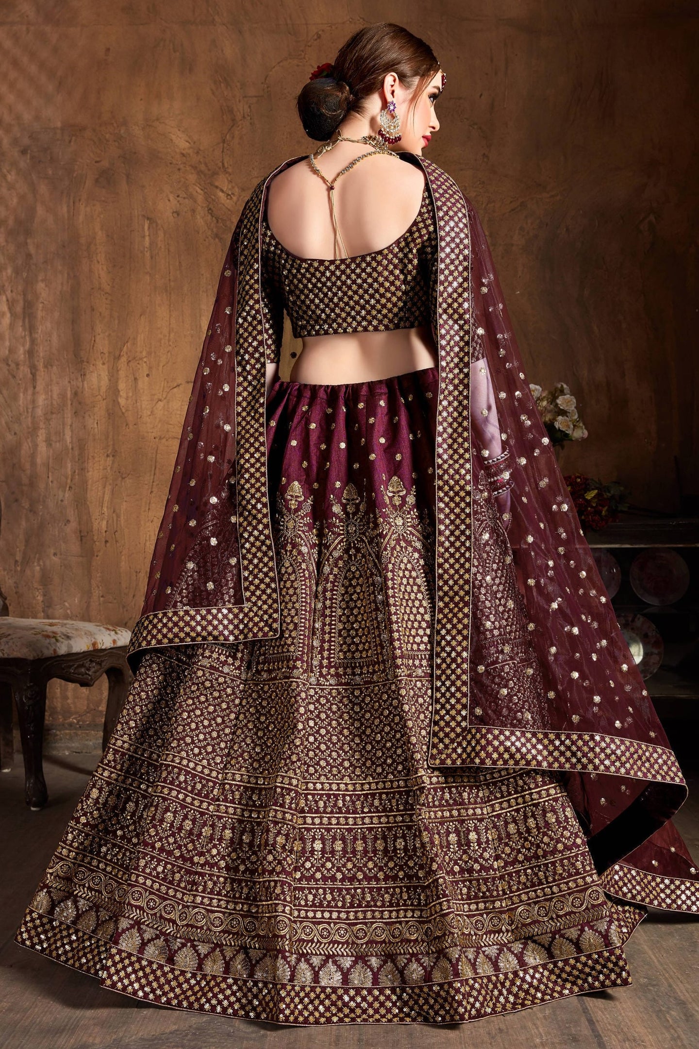 Burgundy Raw Silk Lehenga for Wedding with Zari and Sequins