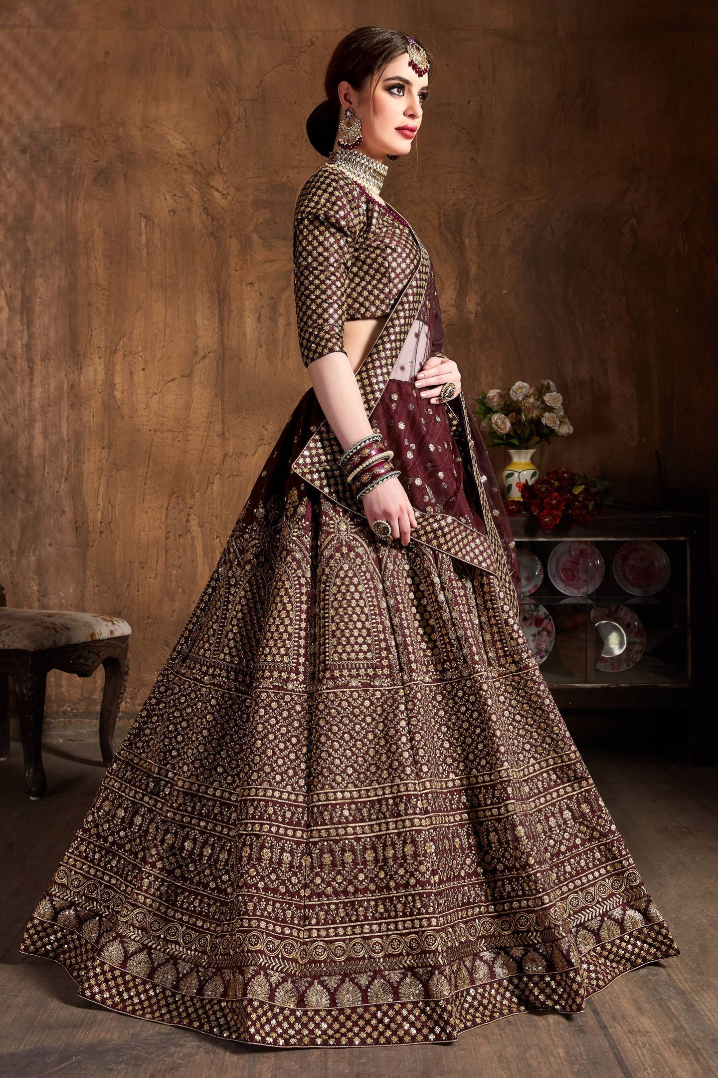 Burgundy Raw Silk Lehenga for Wedding with Zari and Sequins