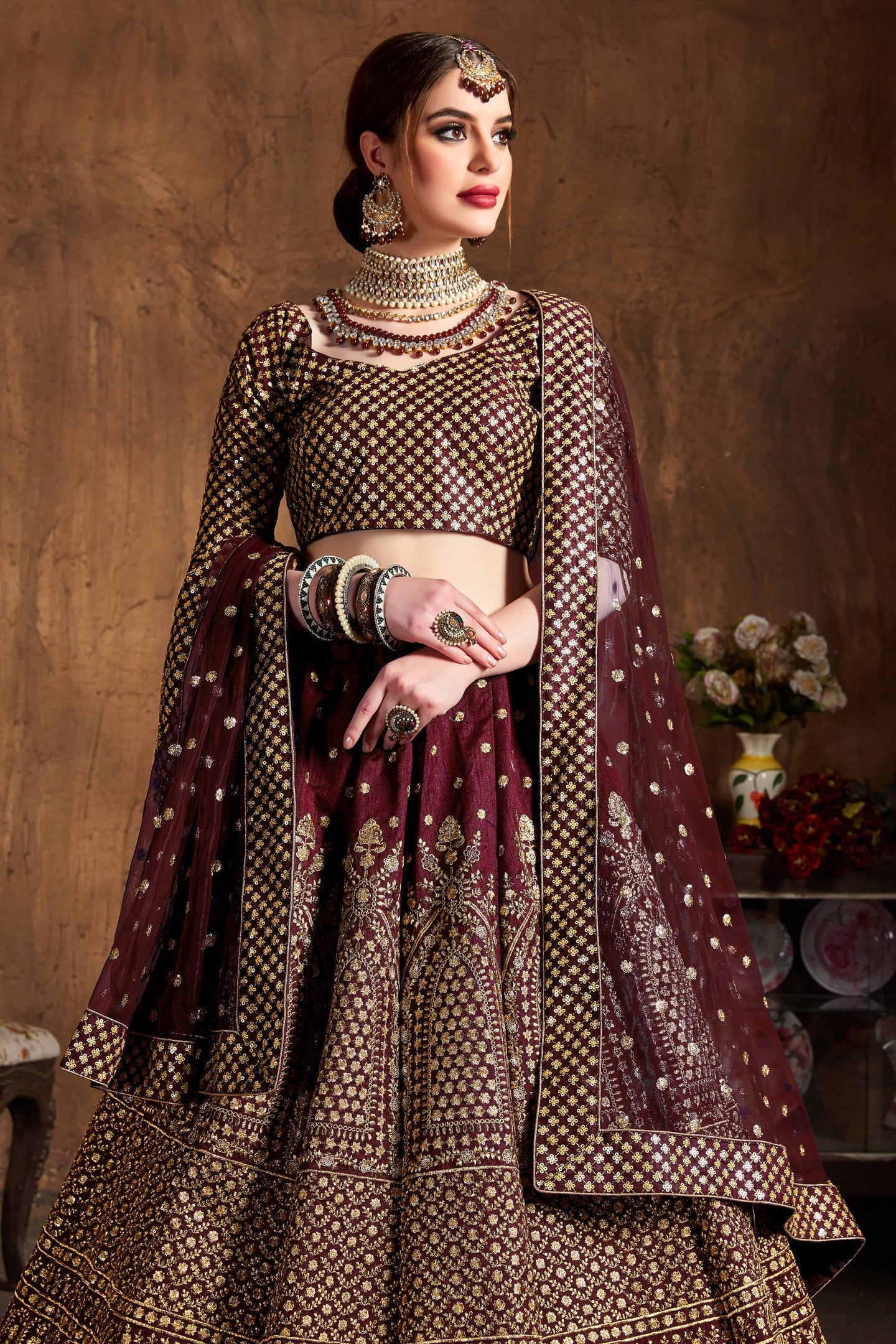 Burgundy Raw Silk Lehenga for Wedding with Zari and Sequins