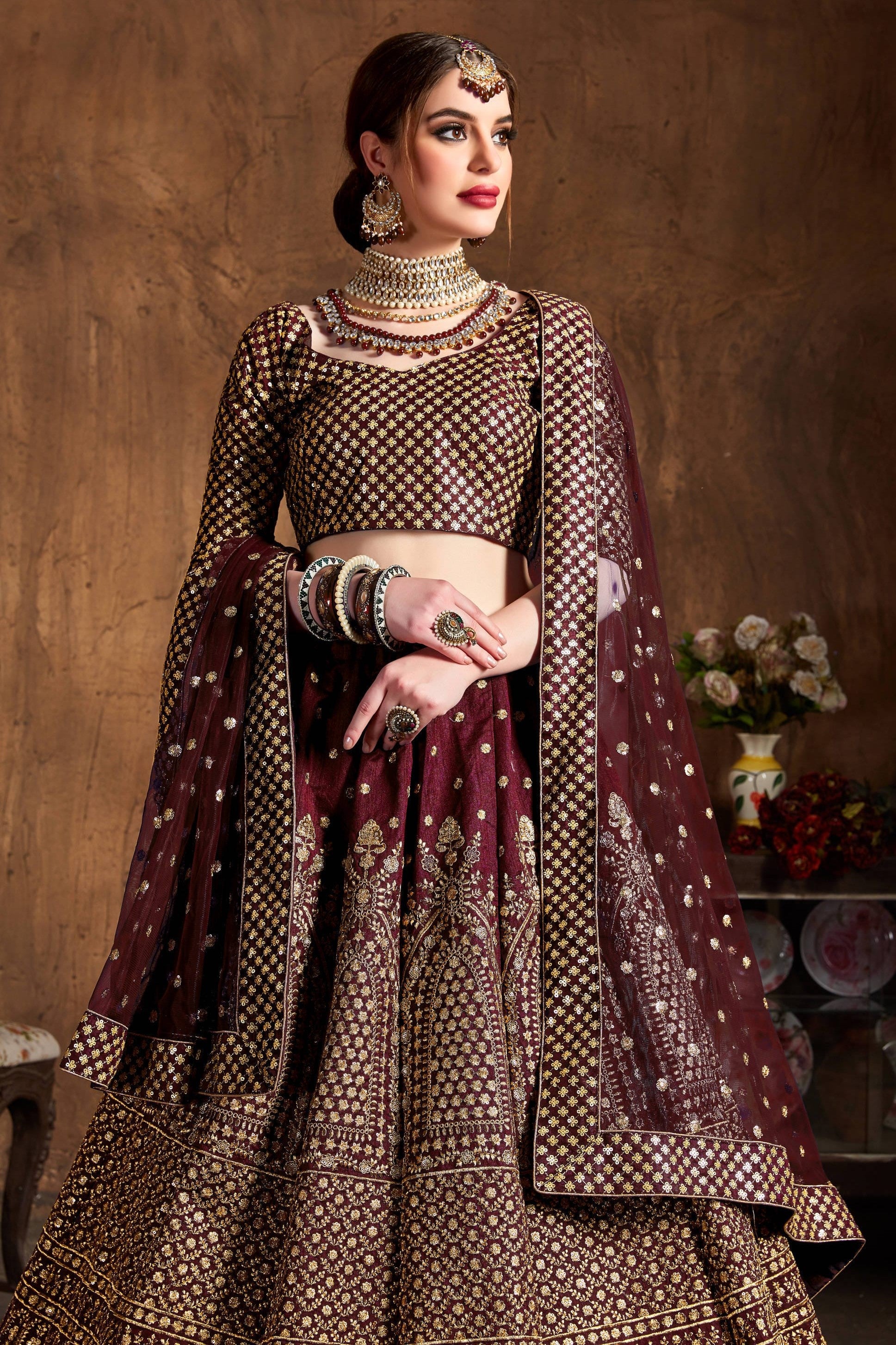 Burgundy Raw Silk Lehenga for Wedding with Zari and Sequins