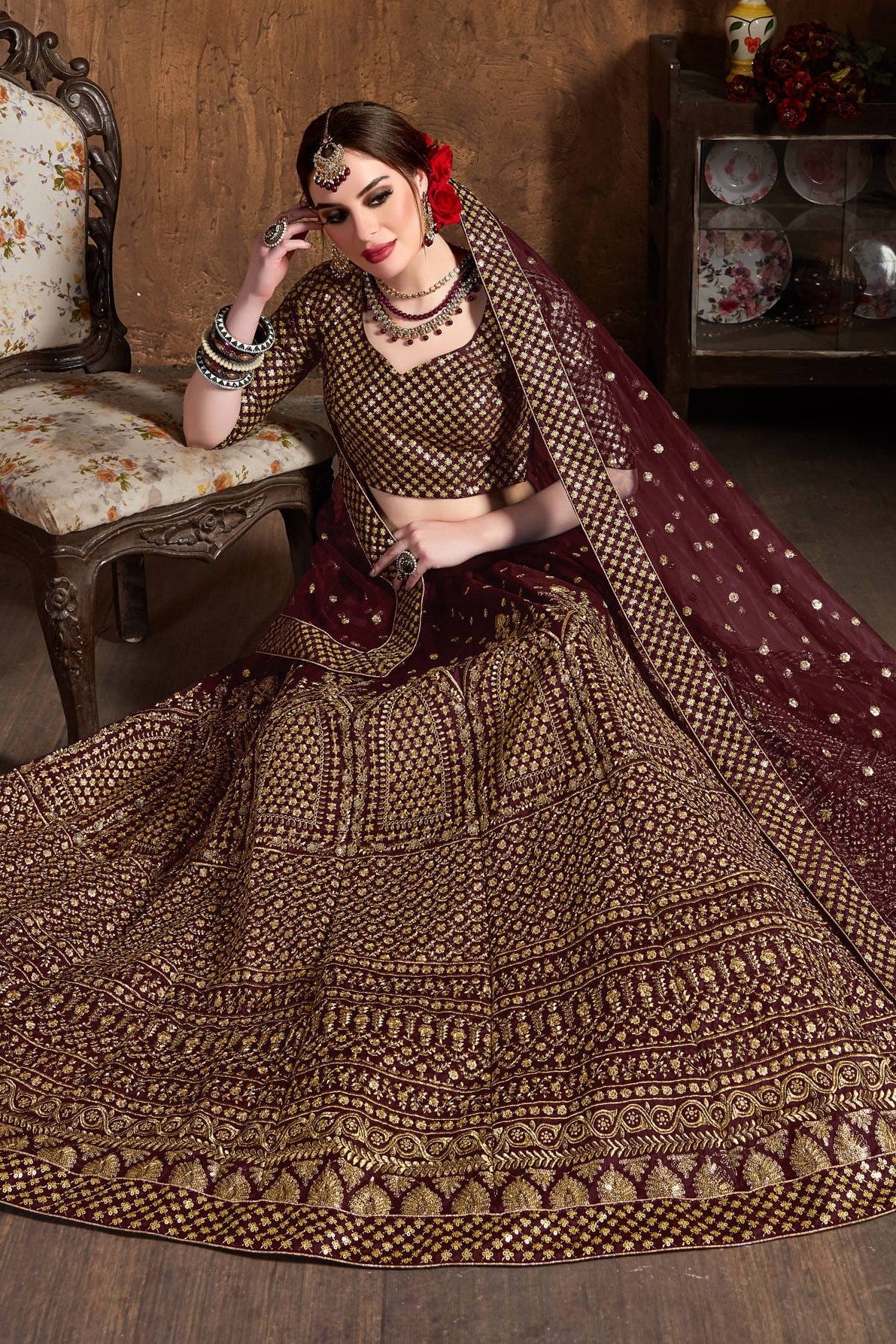 Burgundy Raw Silk Lehenga for Wedding with Zari and Sequins