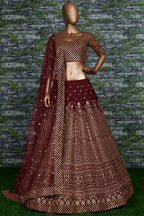 Burgundy Raw Silk Lehenga for Wedding - Zari Sequins Work