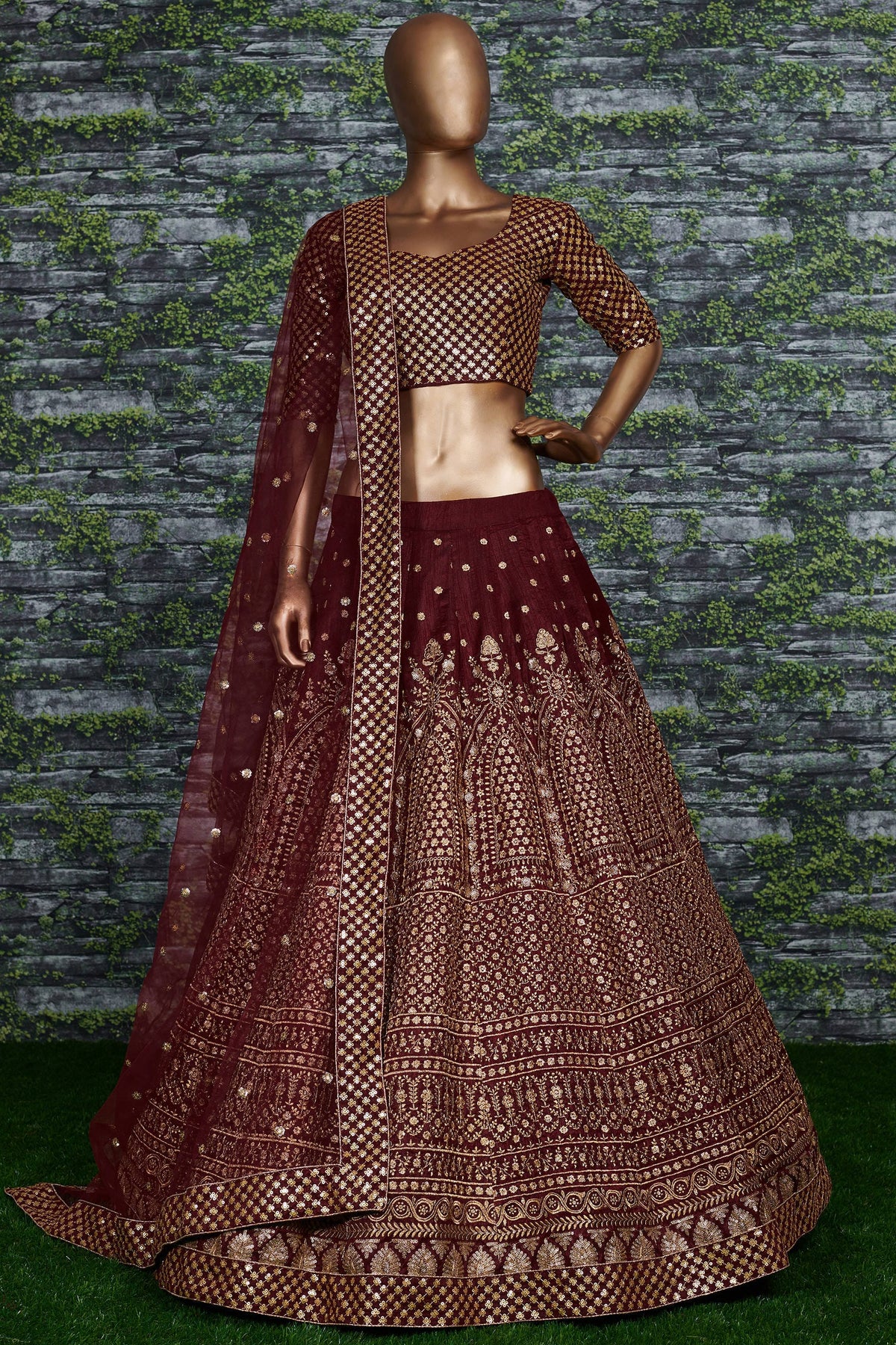 Burgundy Raw Silk Lehenga for Wedding - Zari Sequins Work