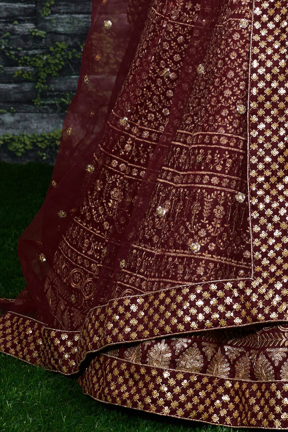Burgundy Raw Silk Lehenga for Wedding - Zari Sequins Work