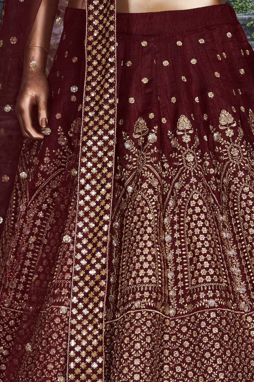Burgundy Raw Silk Lehenga for Wedding - Zari Sequins Work