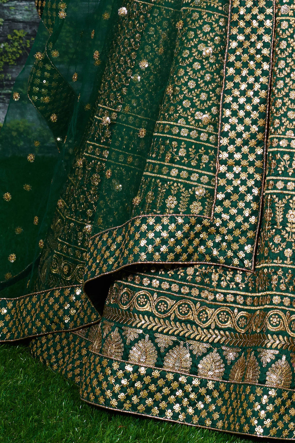 Green Raw Silk Lehenga for Wedding with Zari Sequins Work