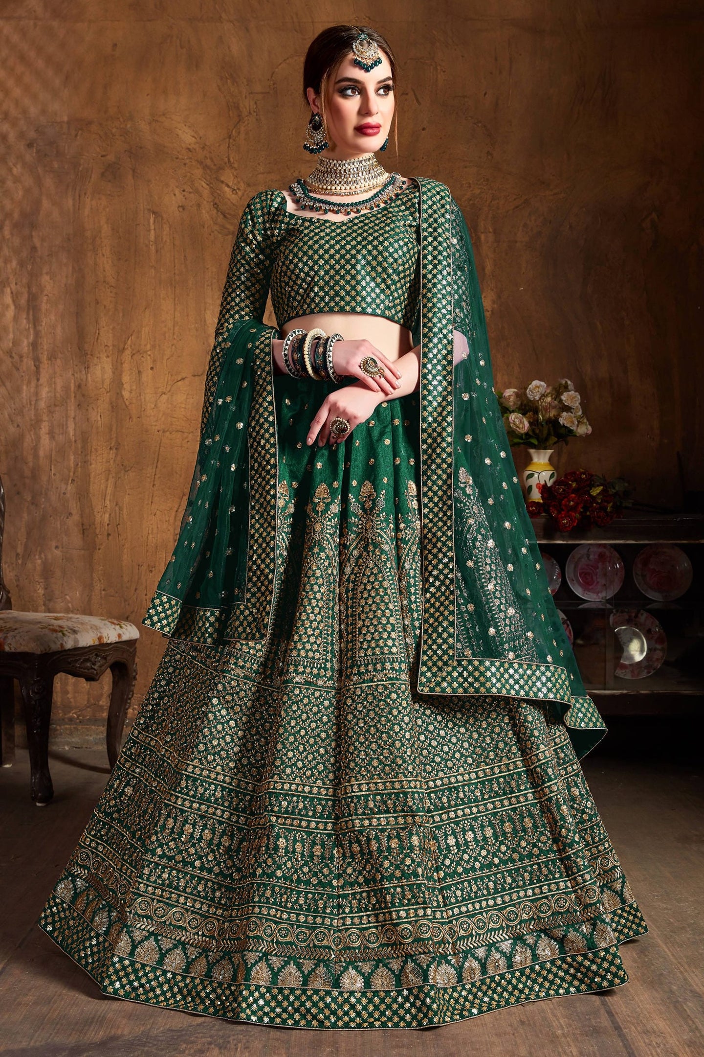 Green Raw Silk Lehenga for Wedding with Zari and Sequins Work