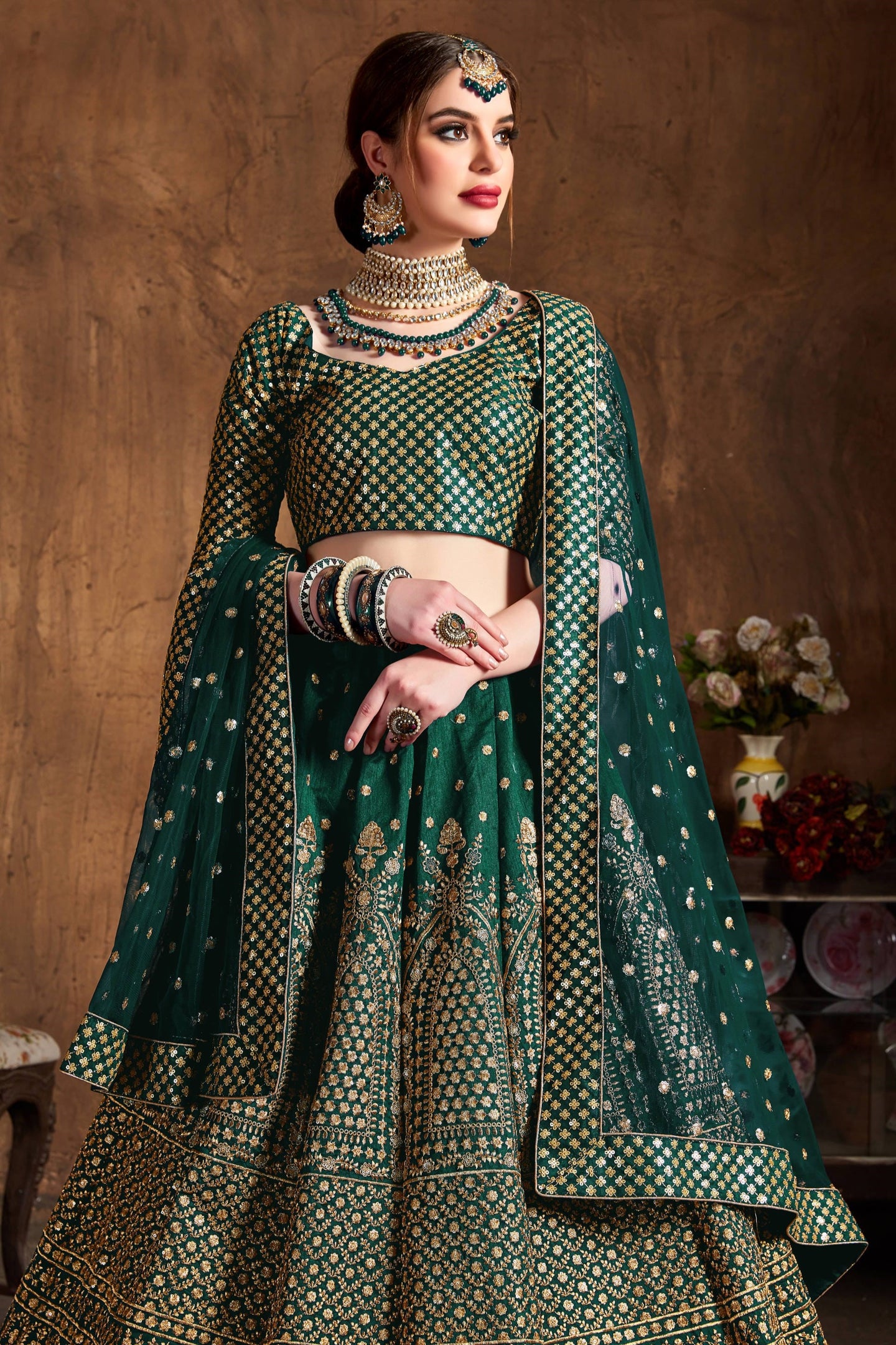 Green Raw Silk Lehenga for Wedding with Zari and Sequins Work