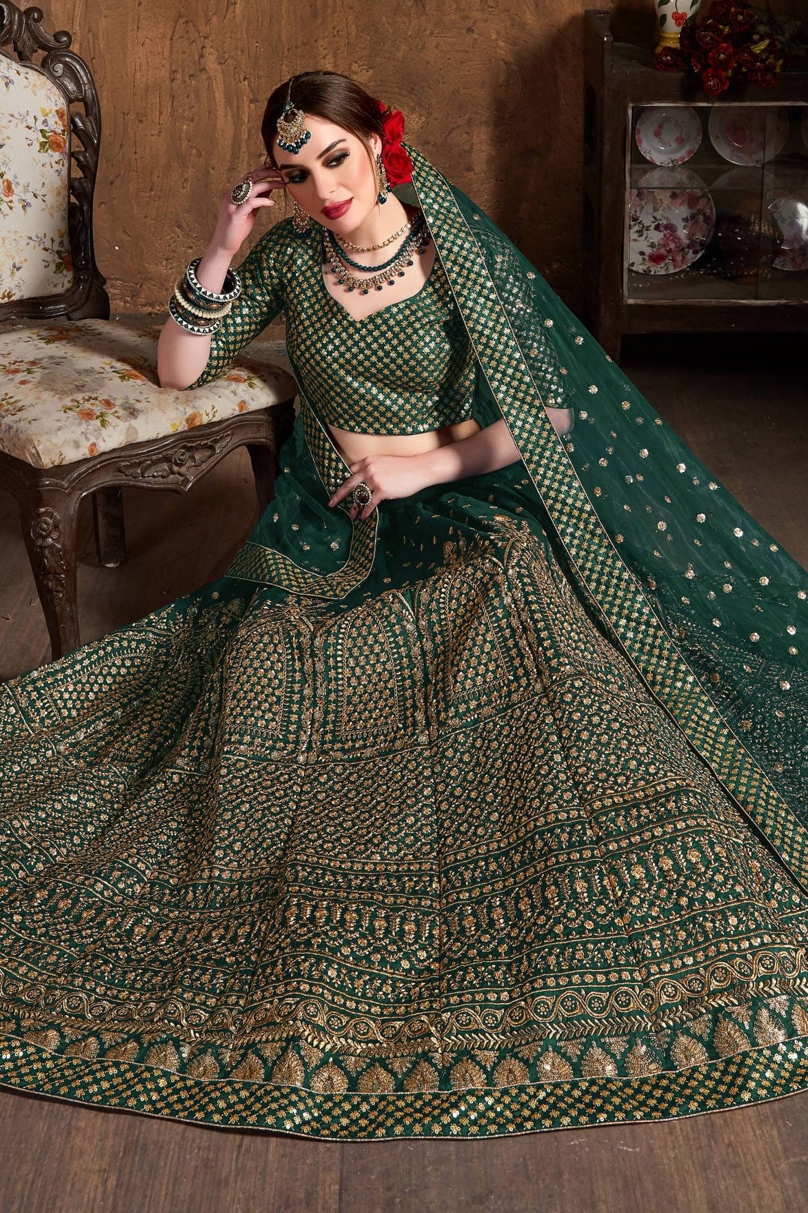 Green Raw Silk Lehenga for Wedding with Zari and Sequins Work