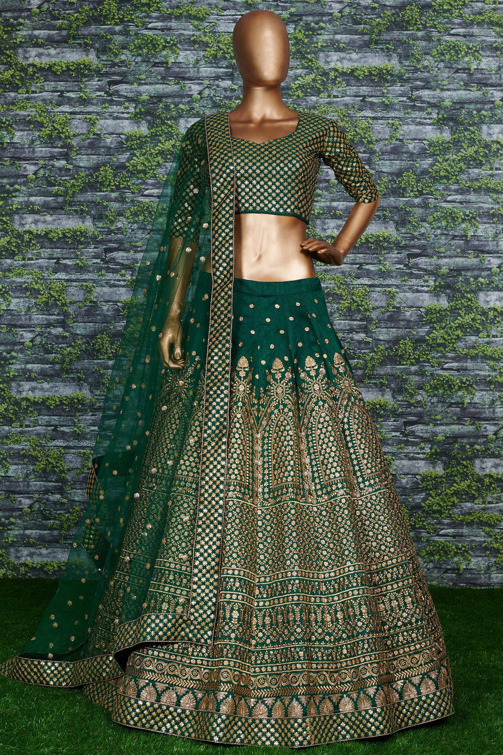 Green Raw Silk Lehenga for Wedding with Zari Sequins Work
