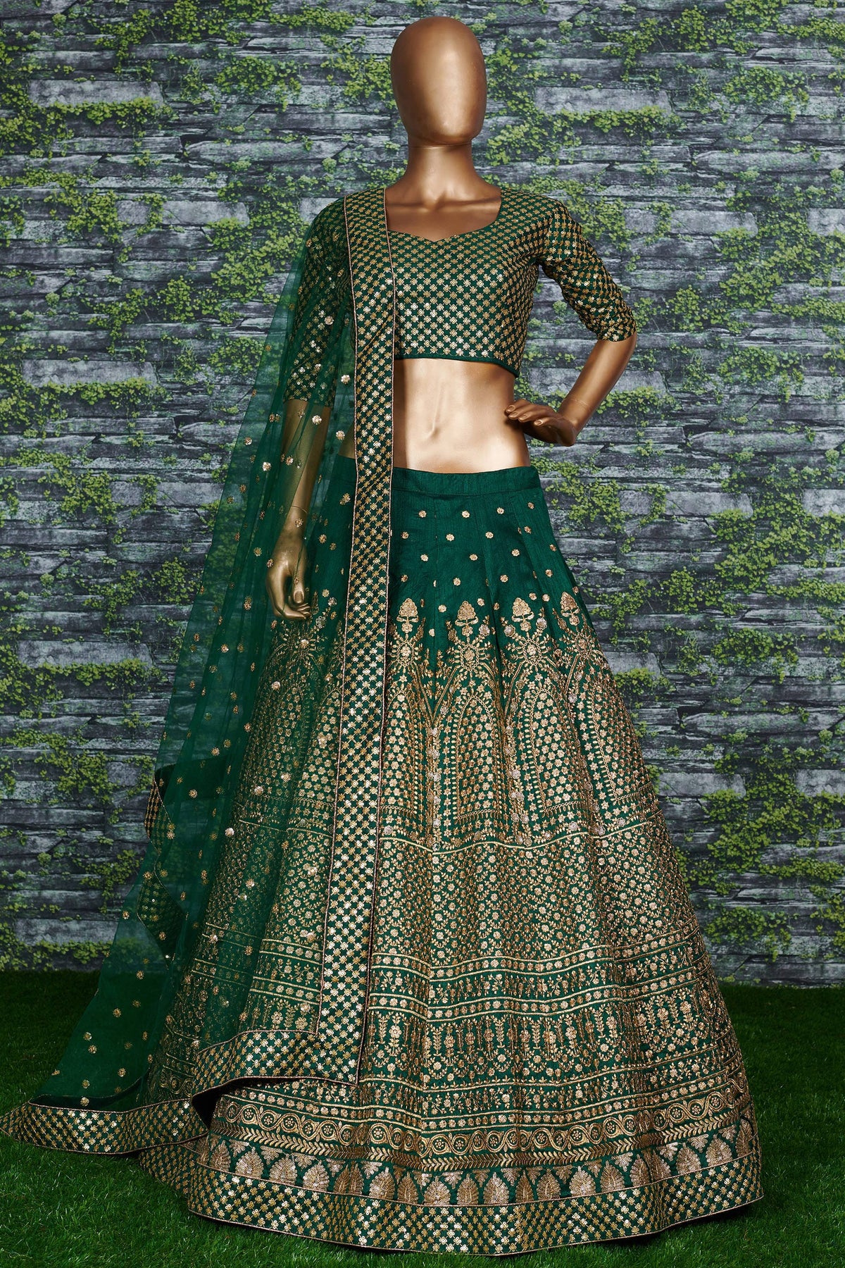 Green Raw Silk Lehenga for Wedding with Zari Sequins Work