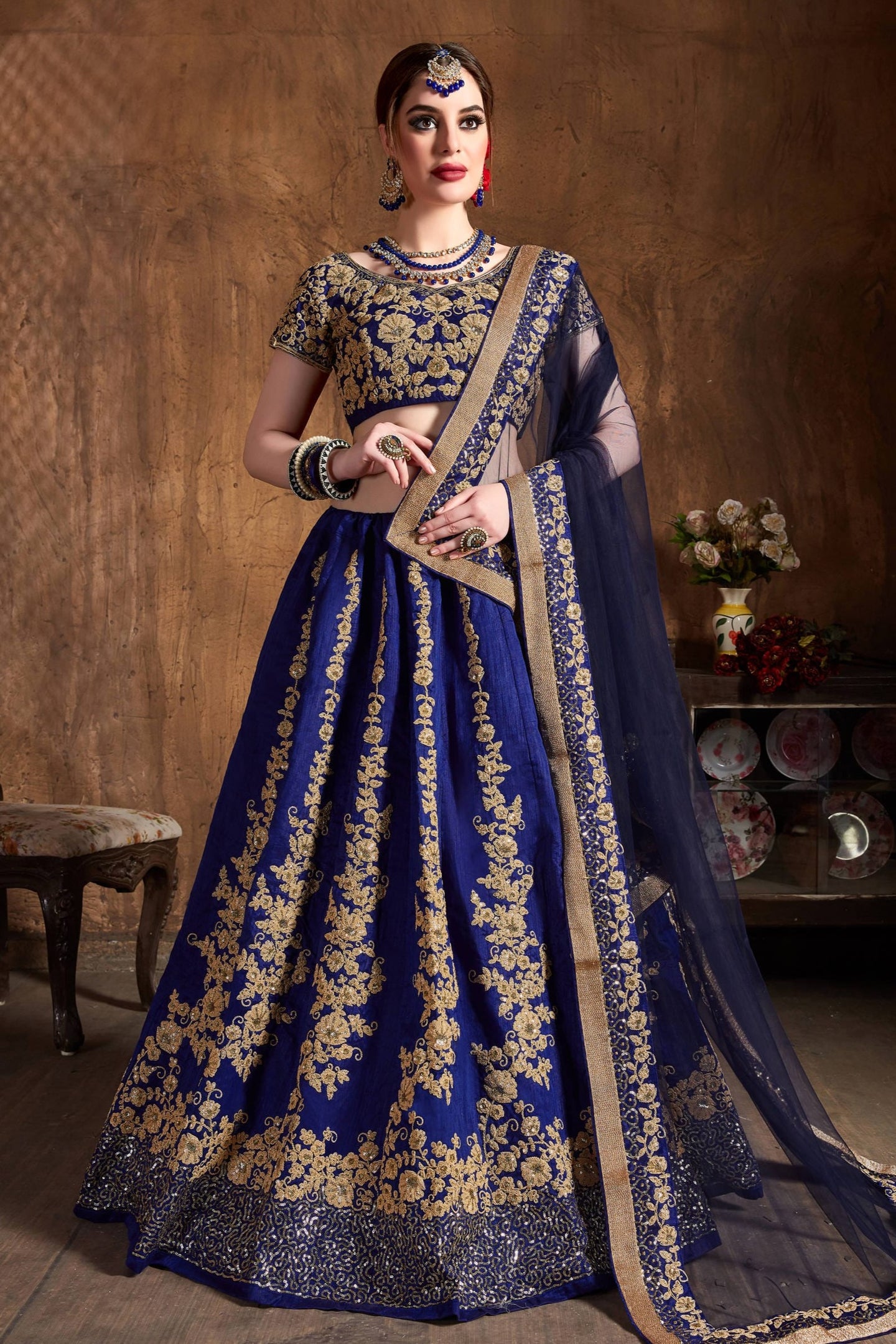 Blue Raw Silk Sequins Lehenga Dress Silk with Embroidery