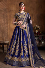 Blue Embroidered Sequins Lehenga Dress Silk for Wedding