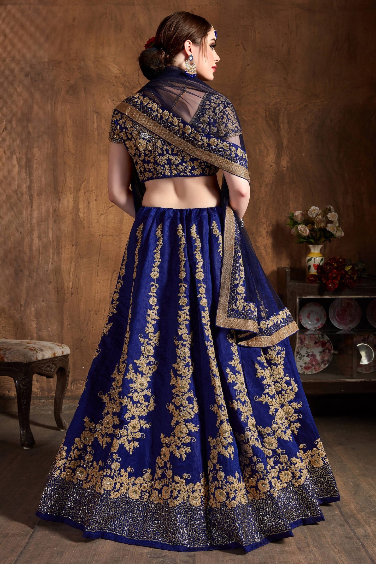 Blue Raw Silk Sequins Lehenga Dress Silk with Embroidery