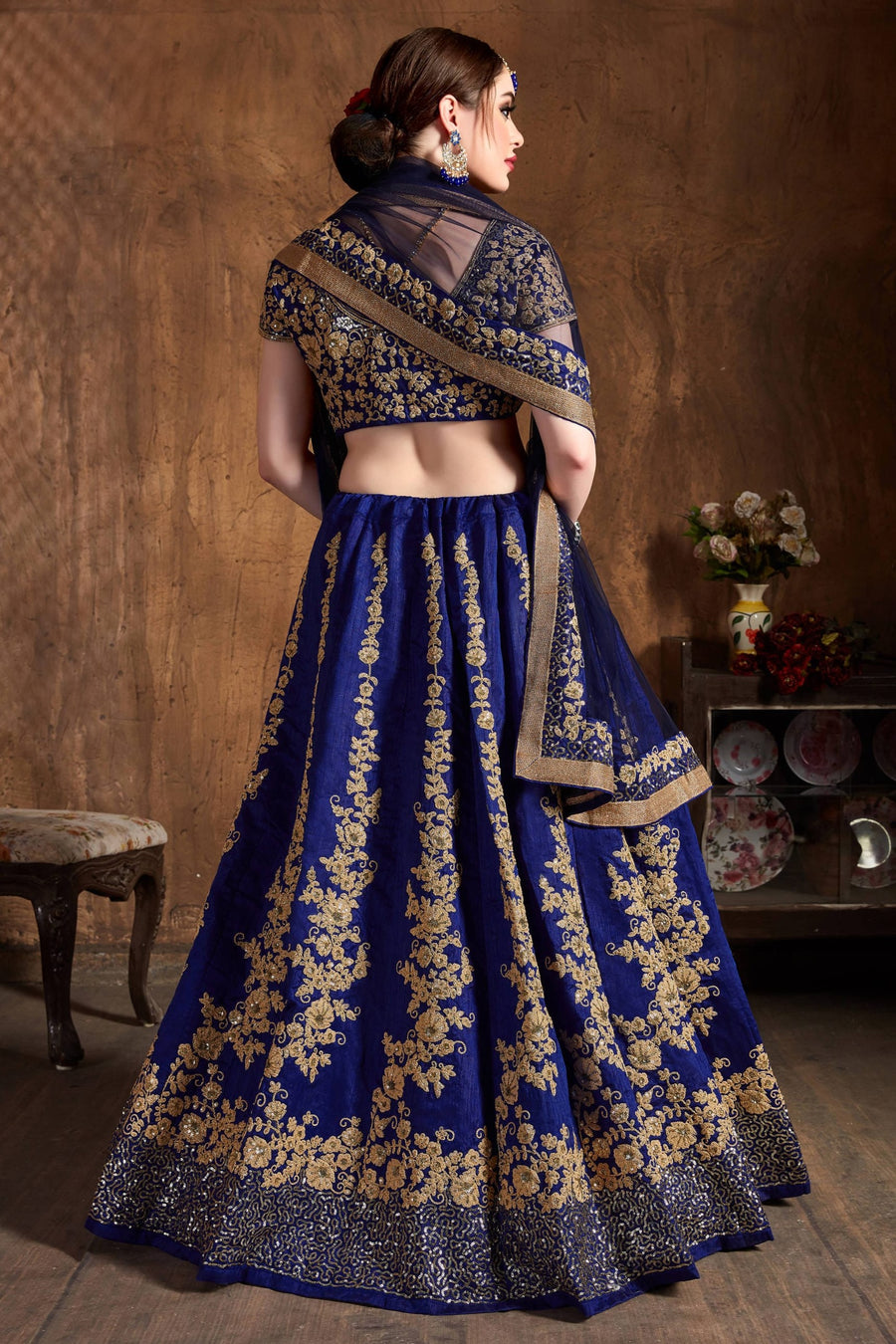 Blue Raw Silk Sequins Lehenga Dress Silk with Embroidery
