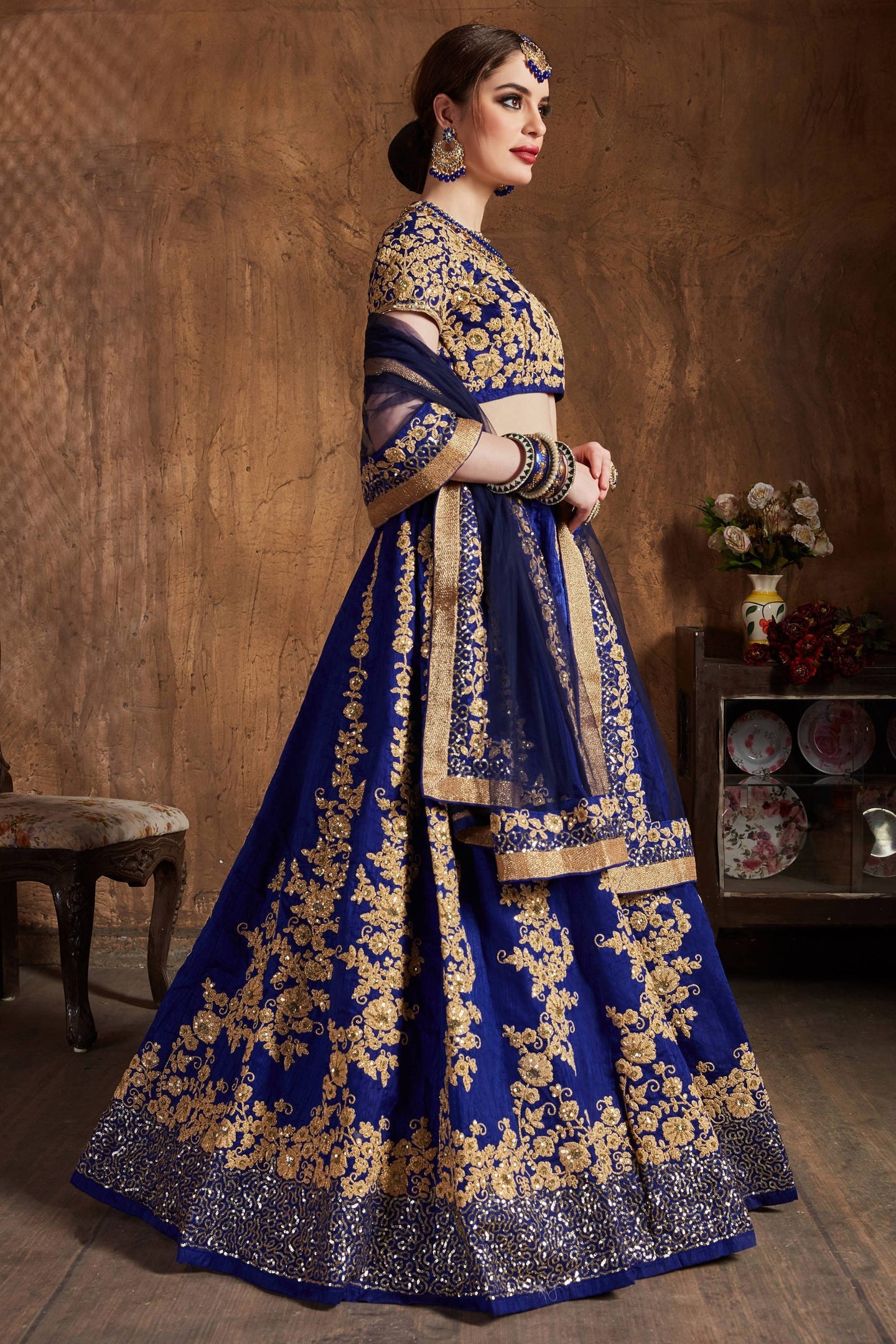 Blue Raw Silk Sequins Lehenga Dress Silk with Embroidery