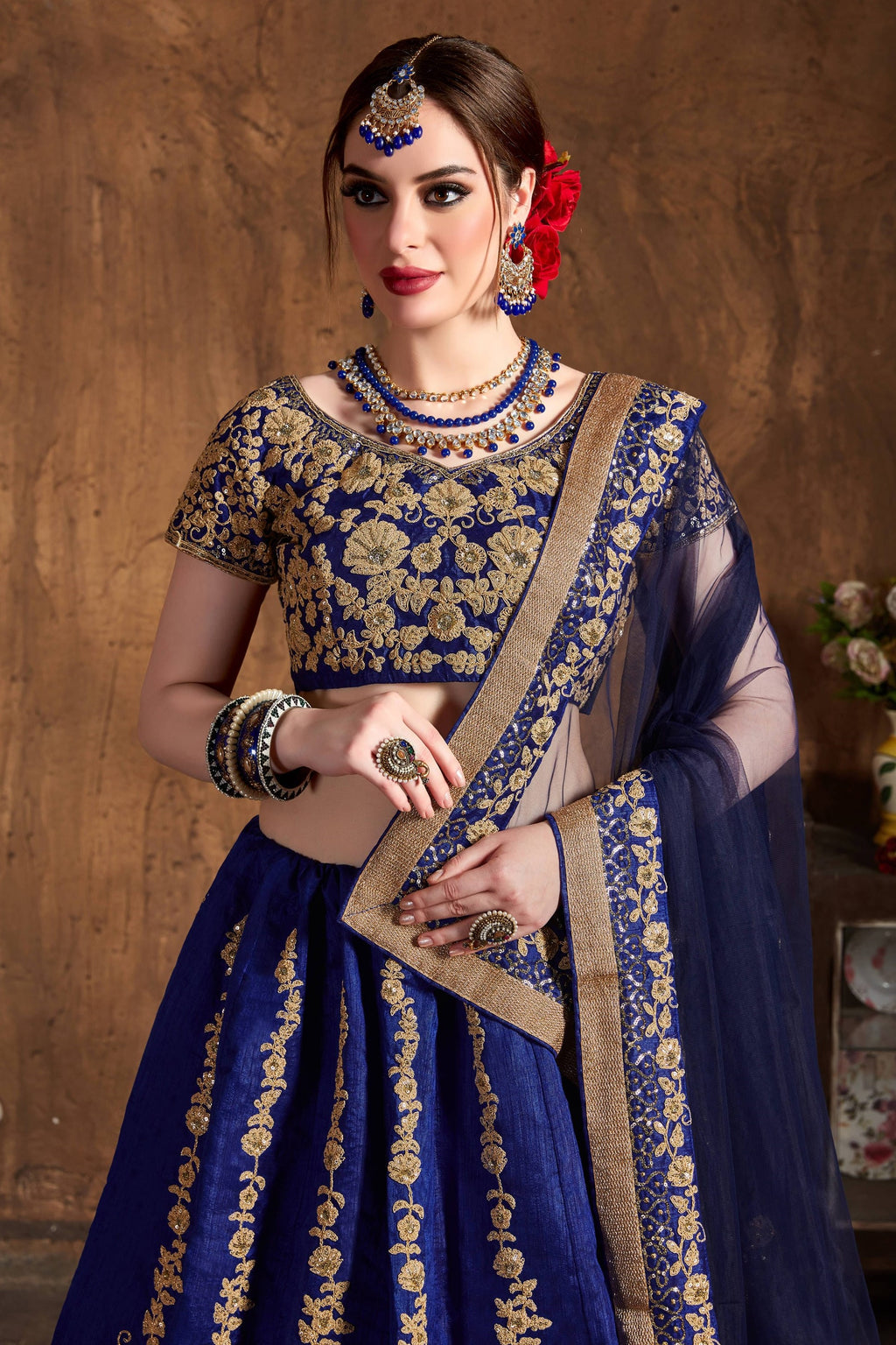 Blue Raw Silk Sequins Lehenga Dress Silk with Embroidery