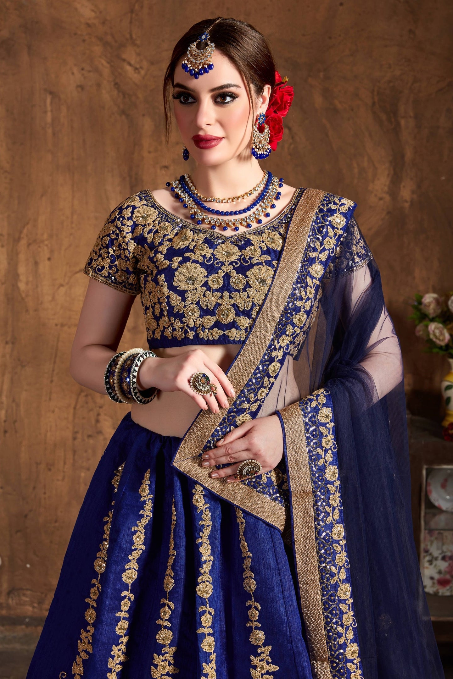 Blue Raw Silk Sequins Lehenga Dress Silk with Embroidery