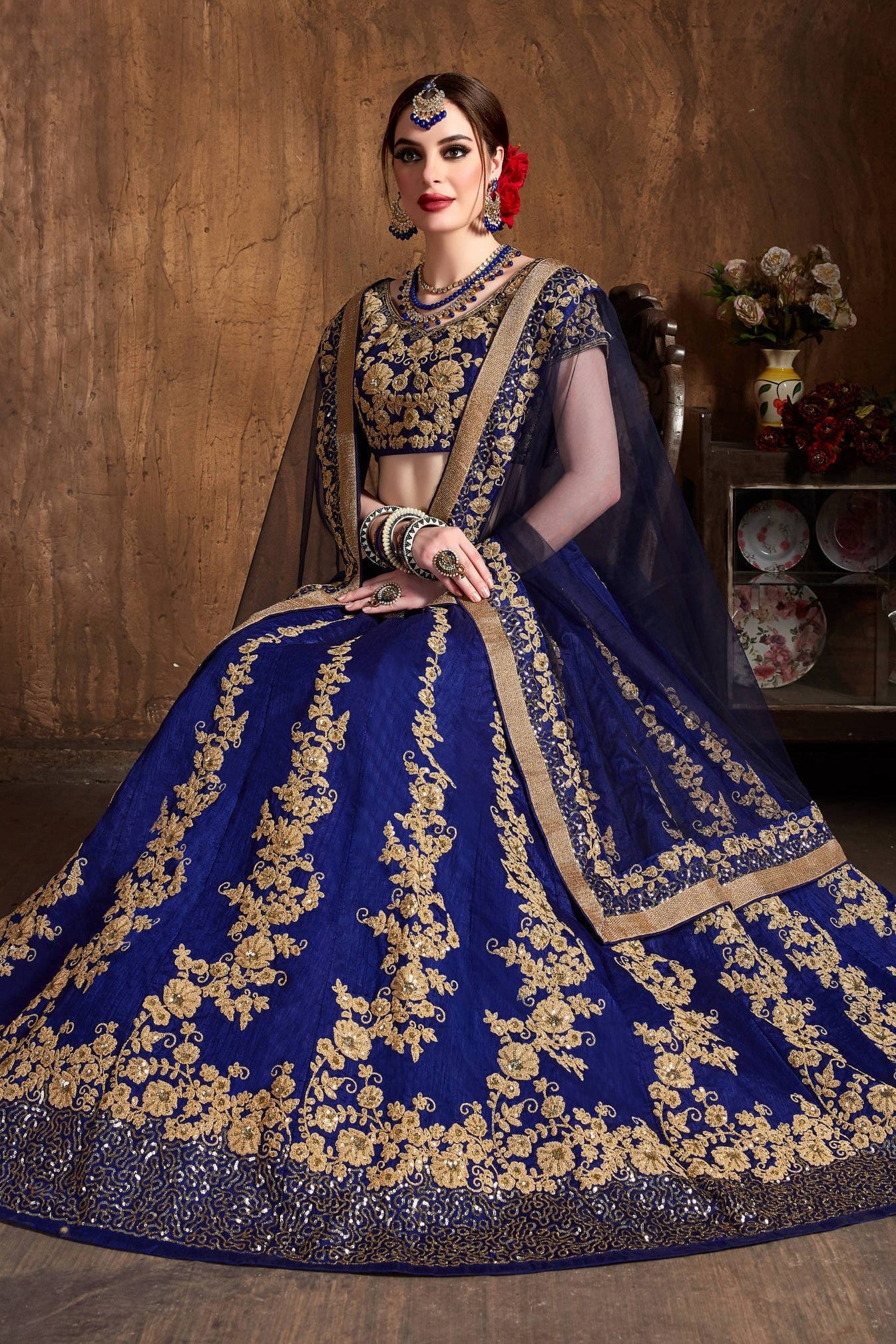 Blue Raw Silk Sequins Lehenga Dress Silk with Embroidery