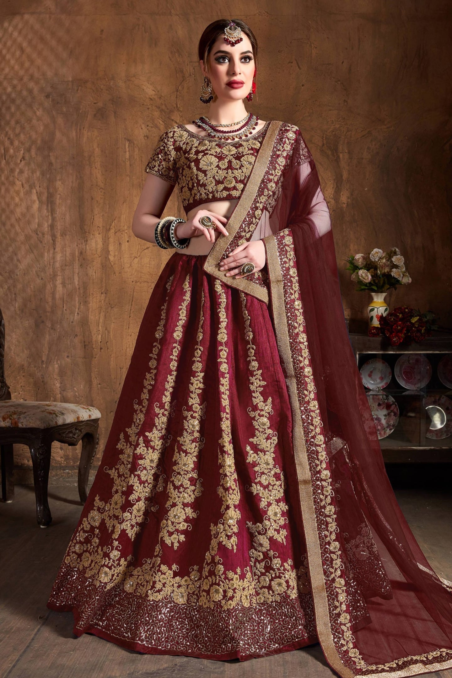 Wine Raw Silk Sequins Lehenga Dress Silk with Embroidery