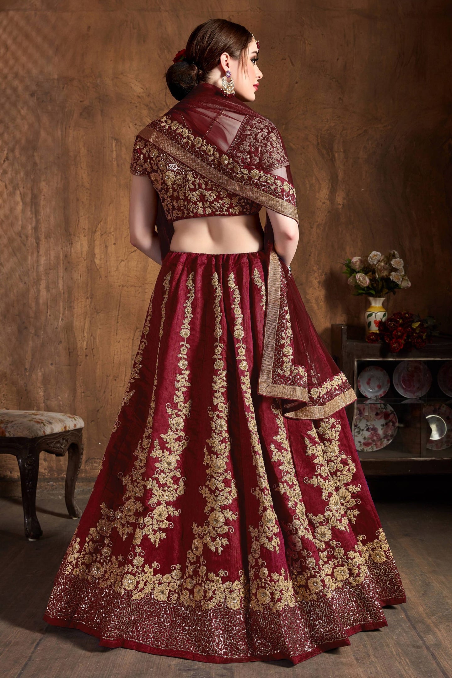 Wine Raw Silk Sequins Lehenga Dress Silk with Embroidery