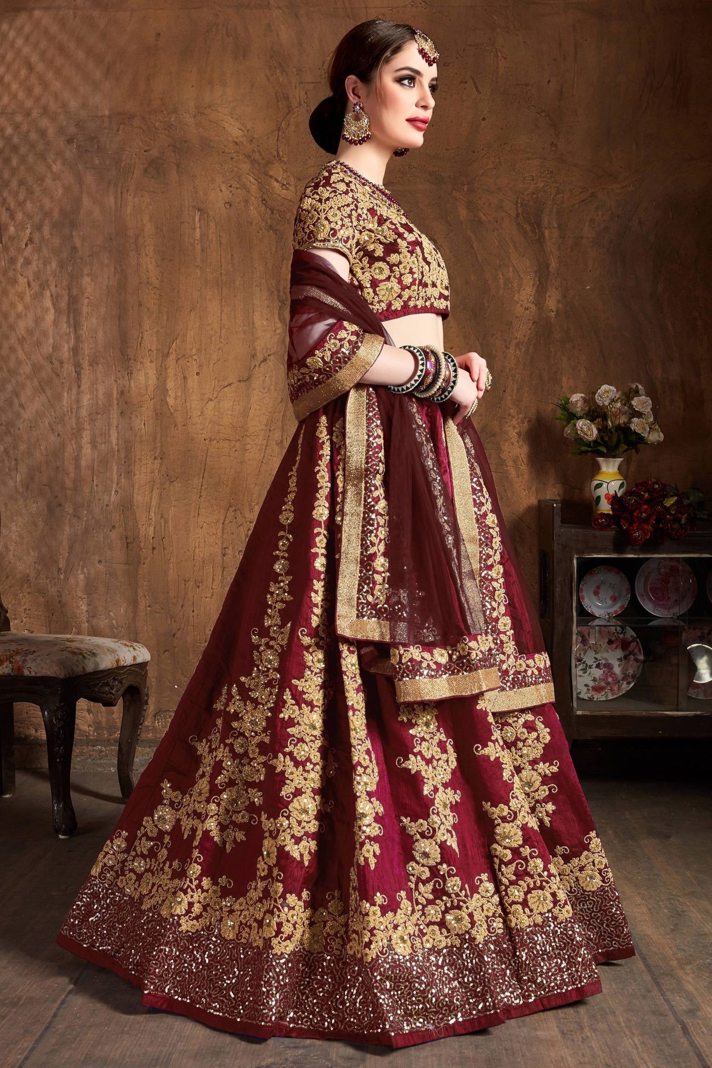 Wine Raw Silk Sequins Lehenga Dress Silk with Embroidery