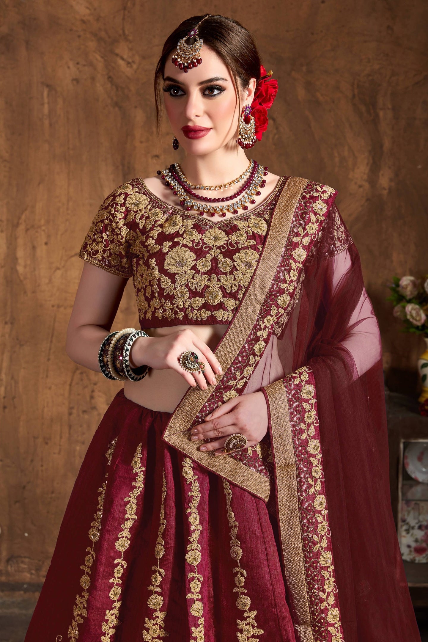 Wine Raw Silk Sequins Lehenga Dress Silk with Embroidery