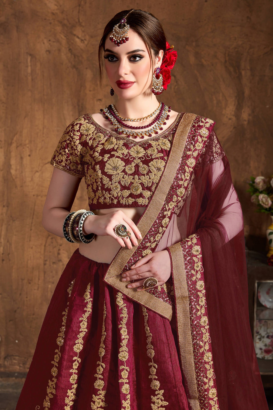 Wine Raw Silk Sequins Lehenga Dress Silk with Embroidery