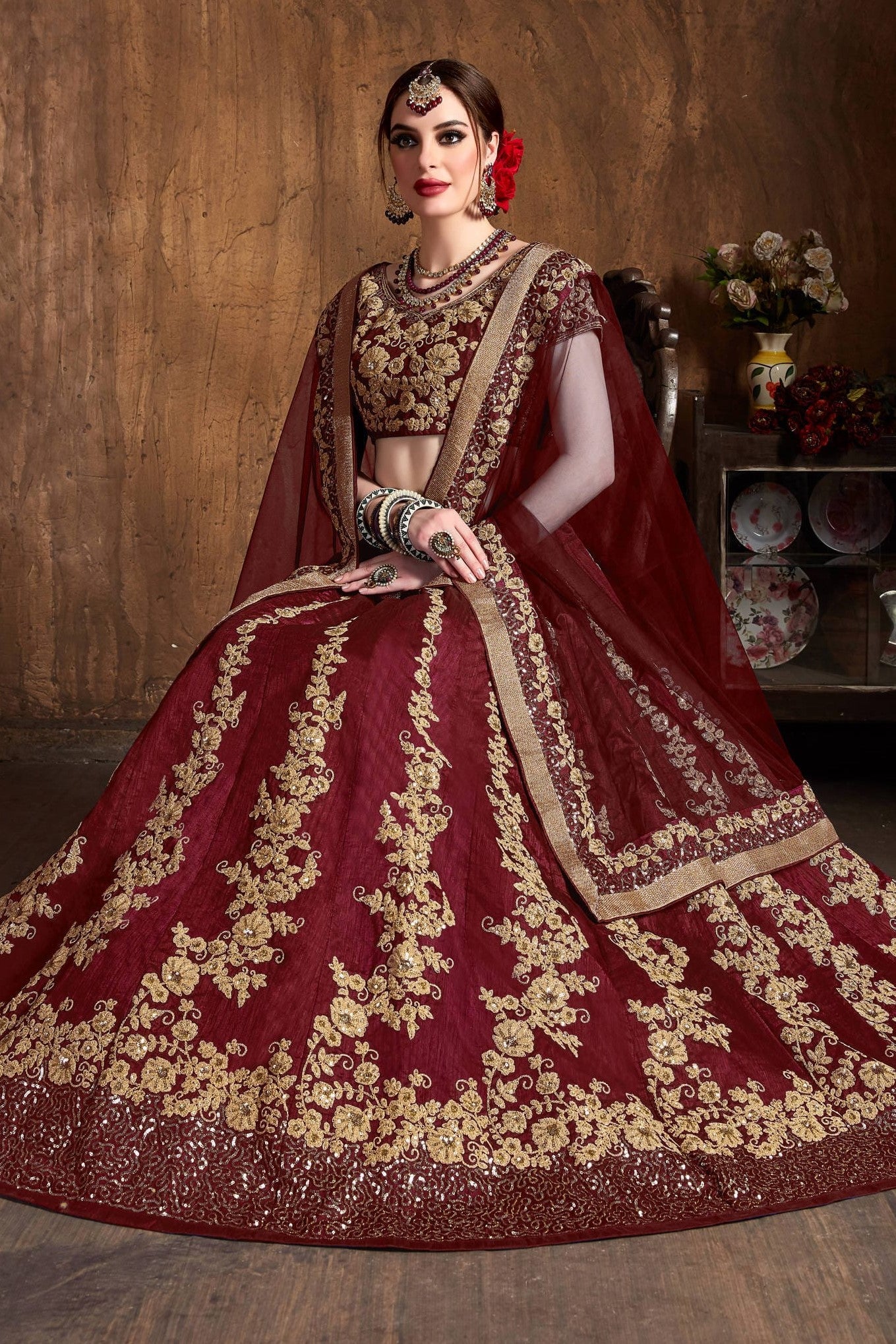 Wine Raw Silk Sequins Lehenga Dress Silk with Embroidery