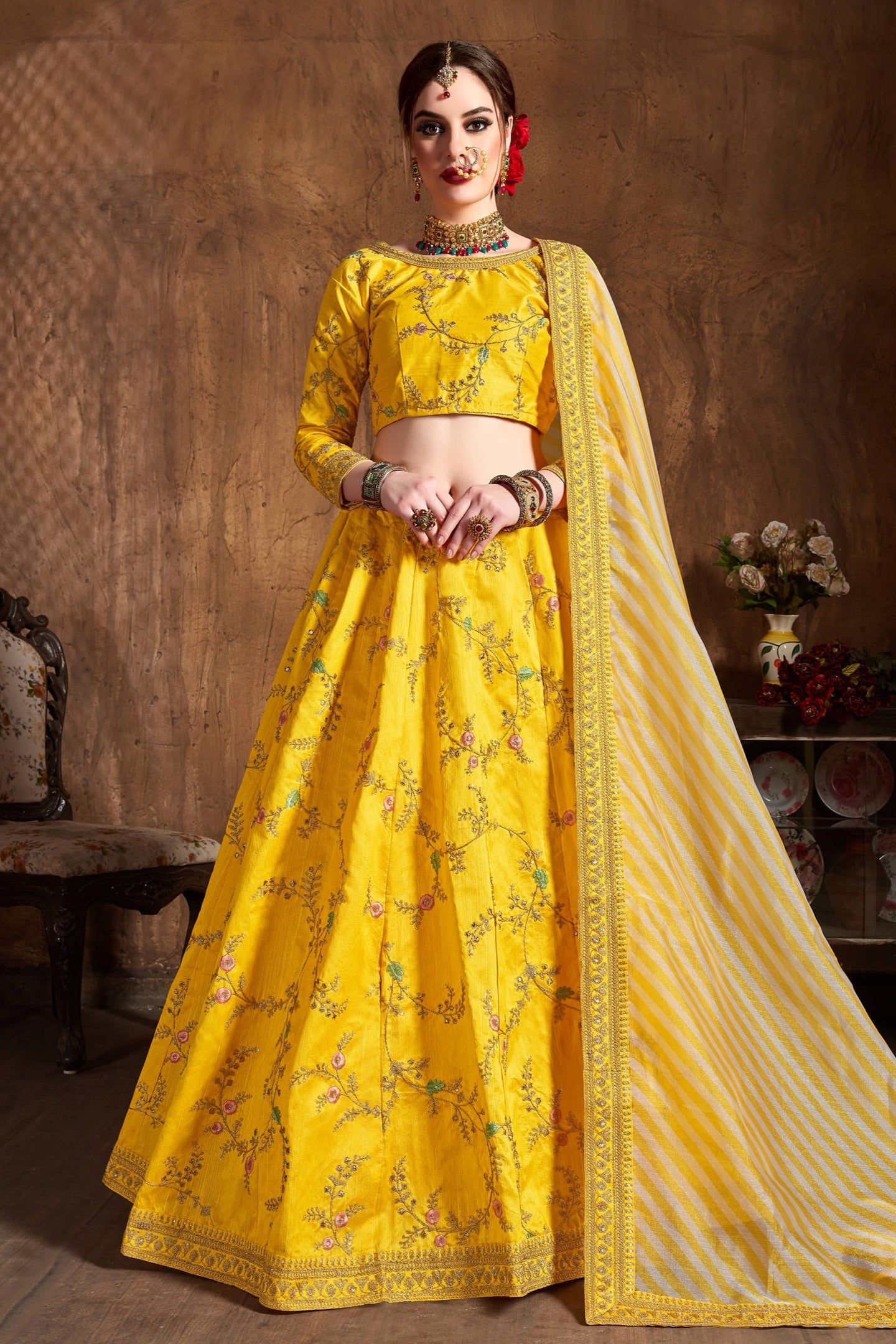 Yellow Mulberry Silk Lehenga for Wedding with Zari Work