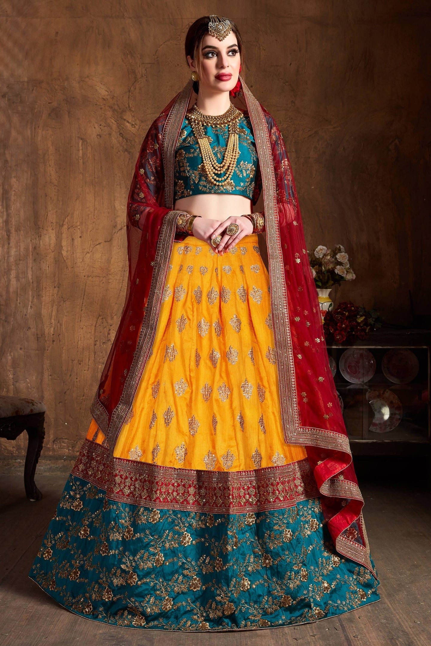 Rama Taffeta Silk Banarasi Lehenga for Wedding with Zari and Sequins