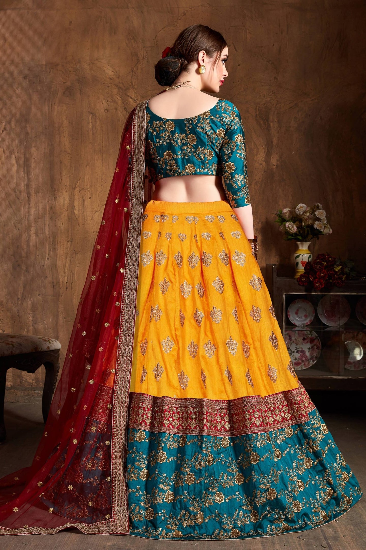 Rama Taffeta Silk Banarasi Lehenga for Wedding with Zari and Sequins
