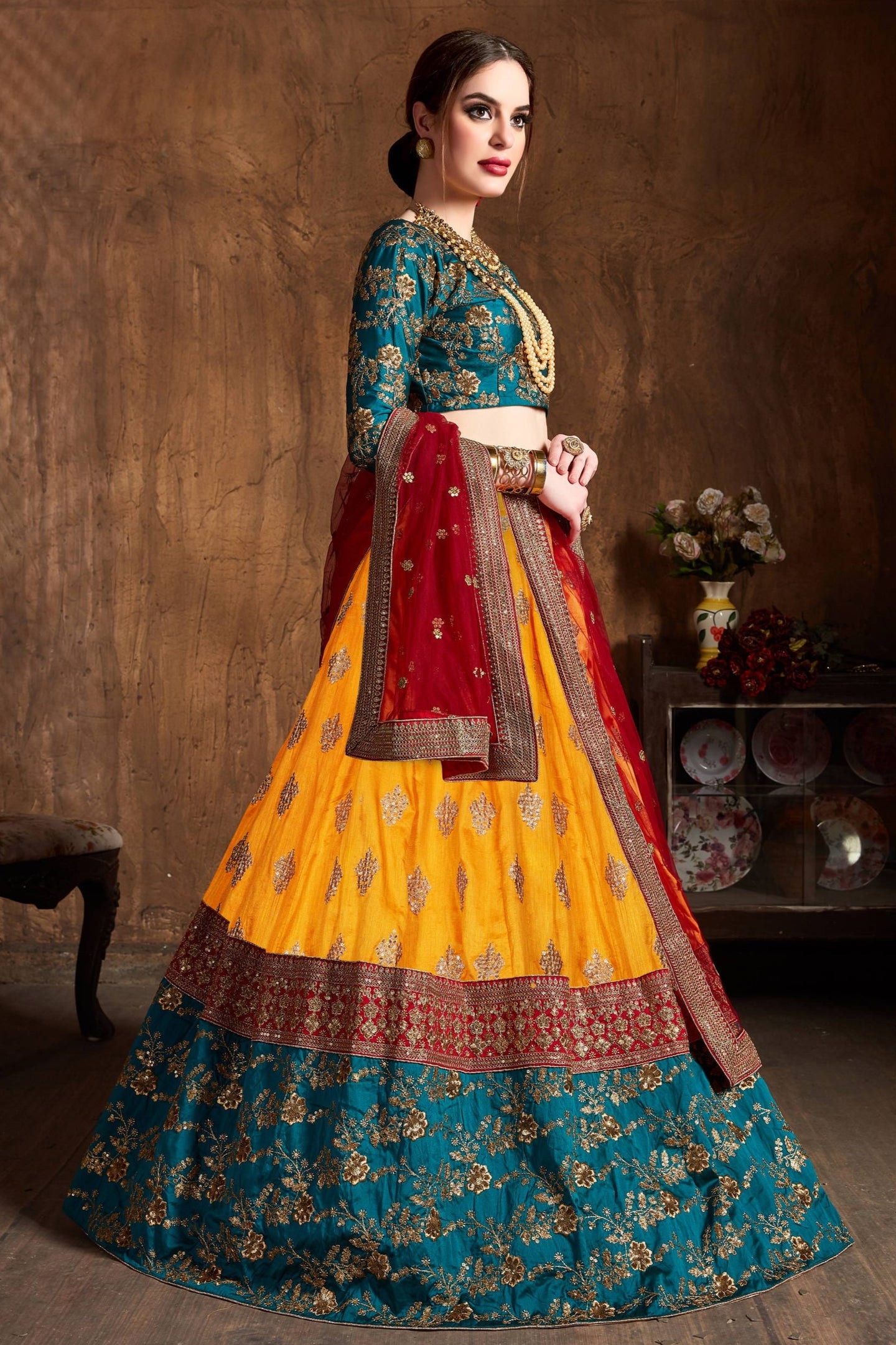 Rama Taffeta Silk Banarasi Lehenga for Wedding with Zari and Sequins