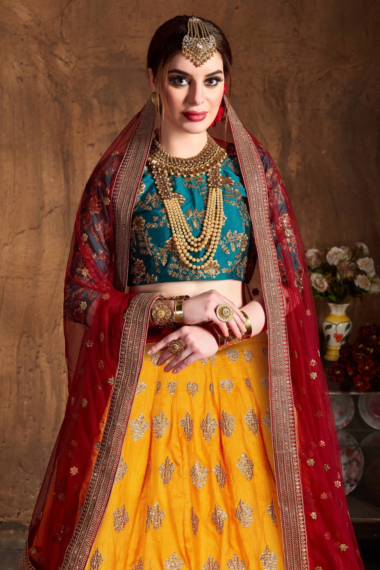Rama Taffeta Silk Banarasi Lehenga for Wedding with Zari and Sequins