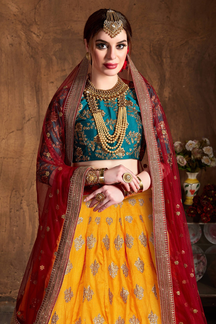Rama Taffeta Silk Banarasi Lehenga for Wedding with Zari and Sequins