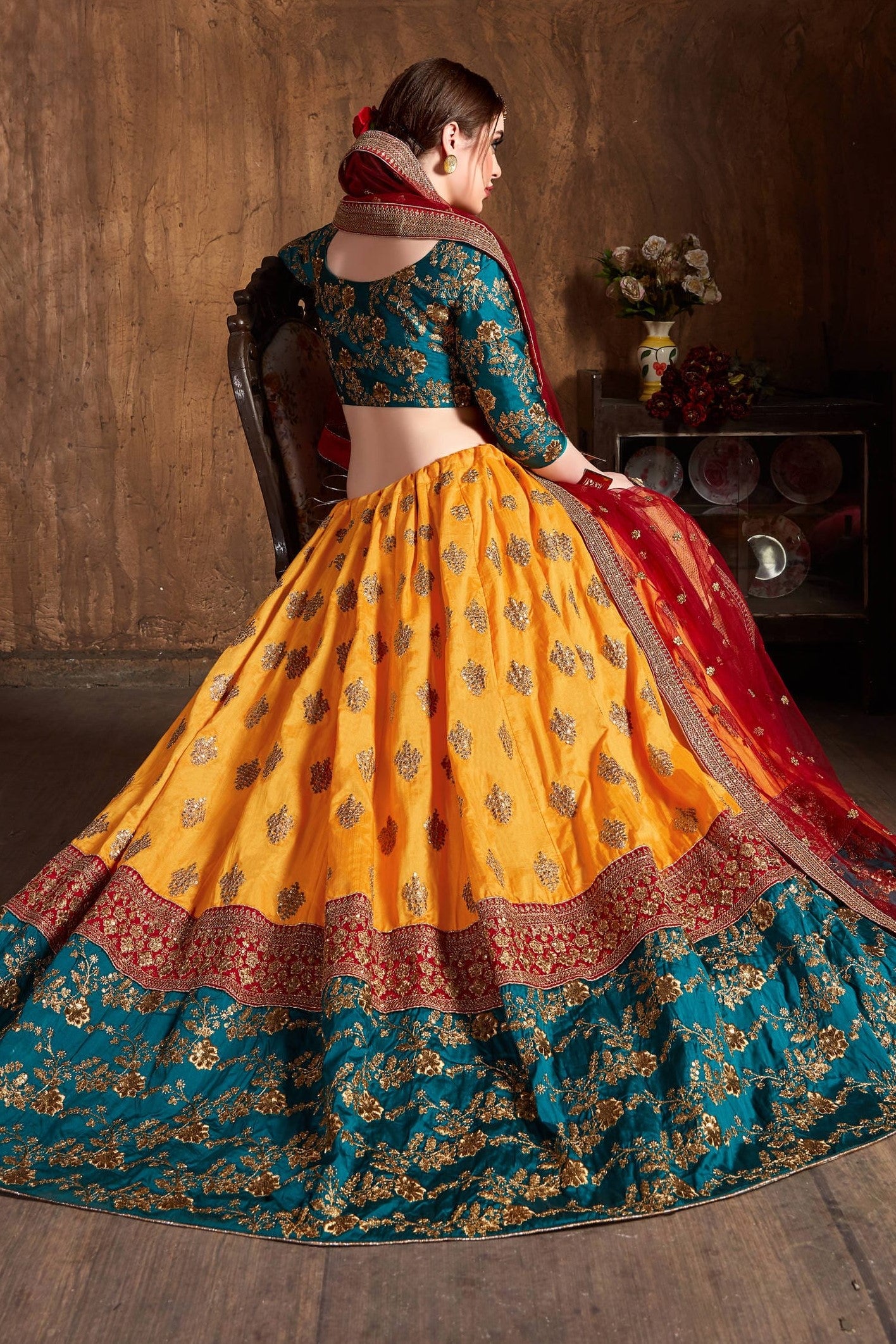 Rama Taffeta Silk Banarasi Lehenga for Wedding with Zari and Sequins