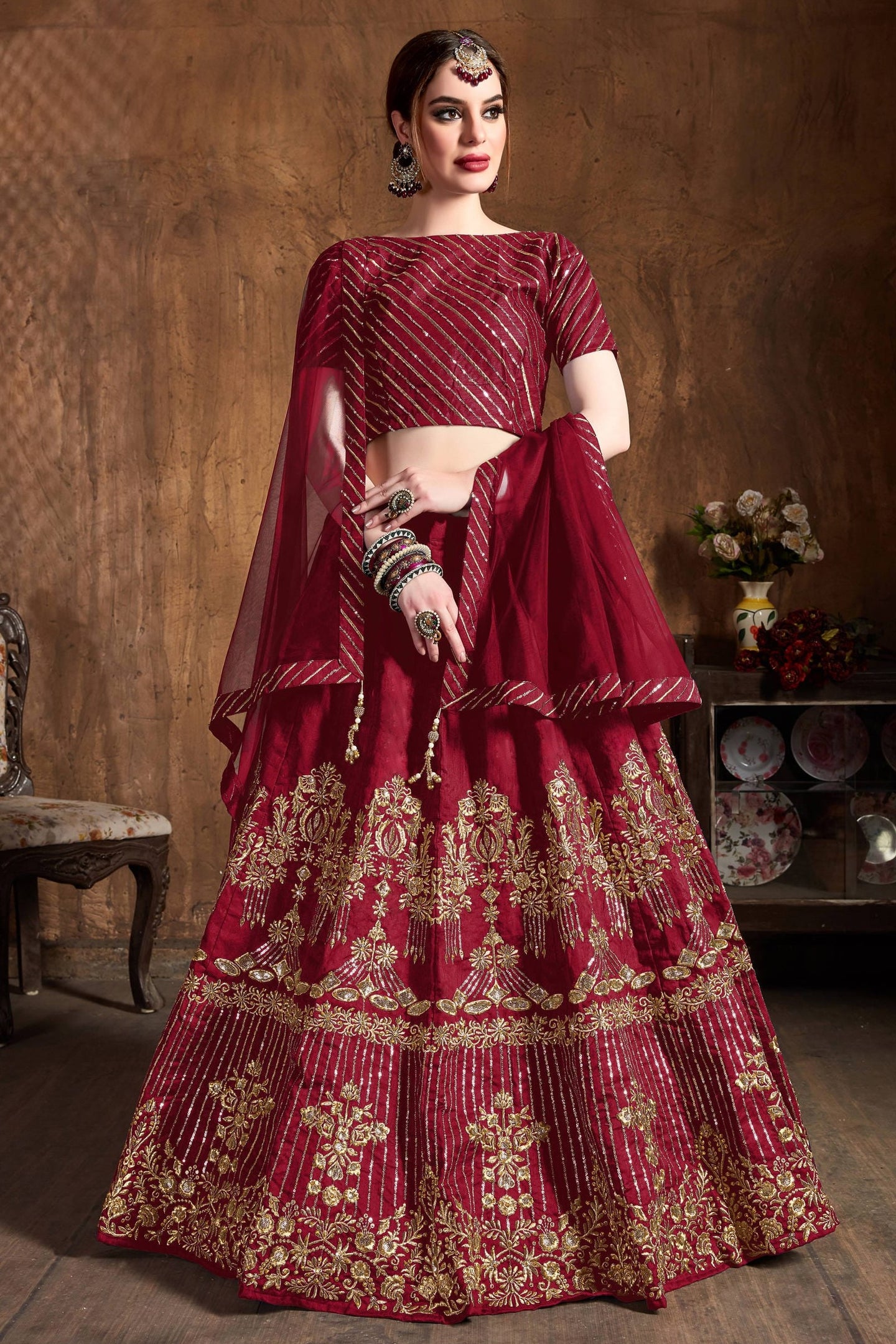 Red Art Silk Lehenga for Wedding with Zari and Sequins Work