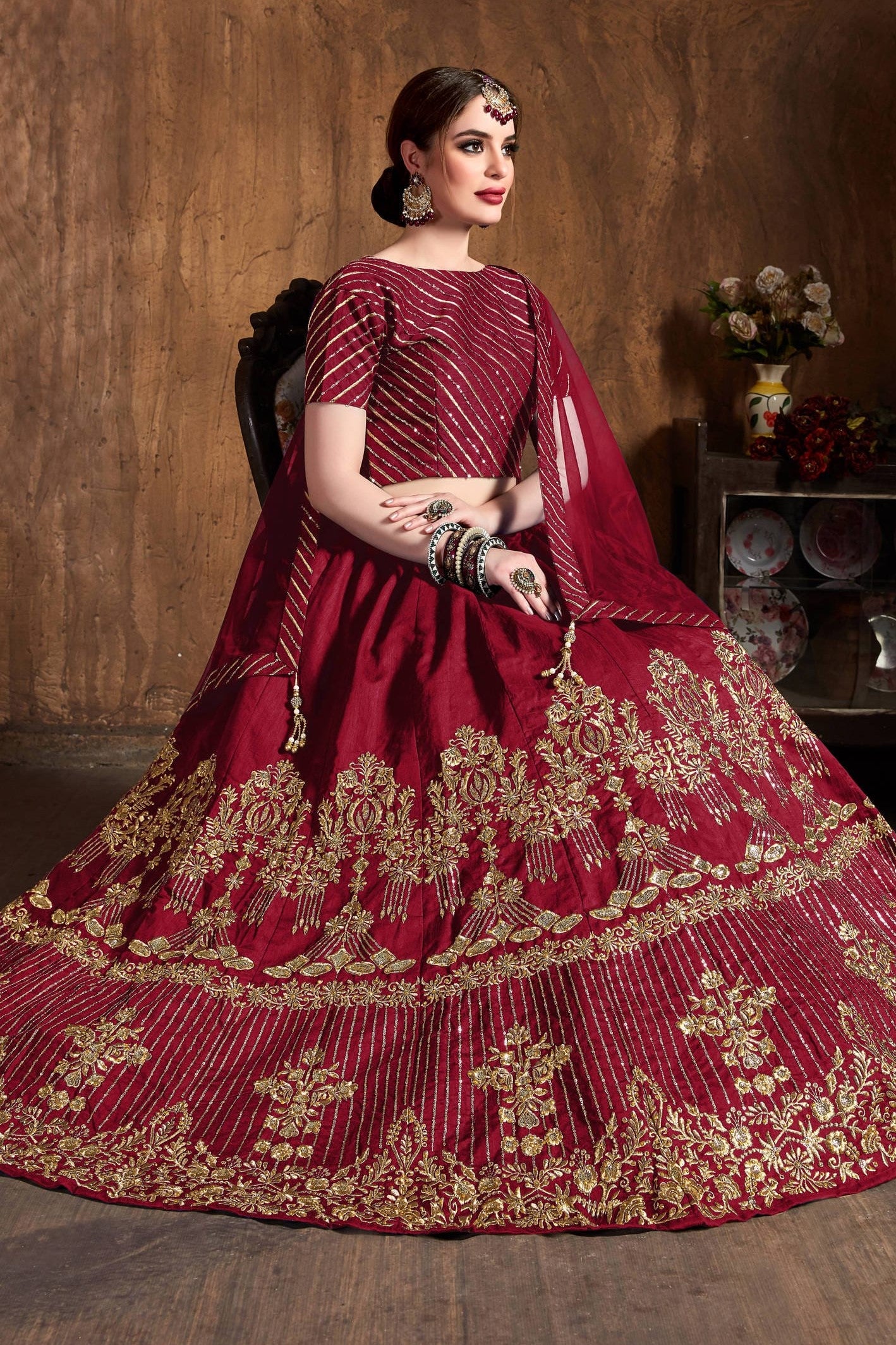 Red Art Silk Lehenga for Wedding with Zari and Sequins Work
