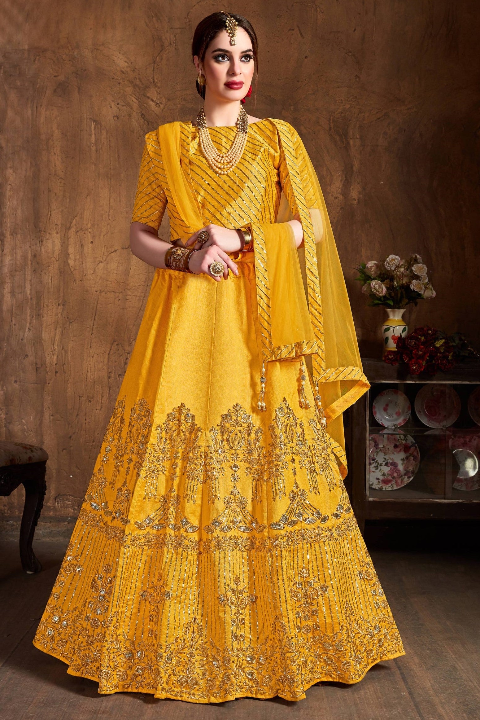 Yellow Gold Art Silk Lehenga for Women with Zari and Sequins Work