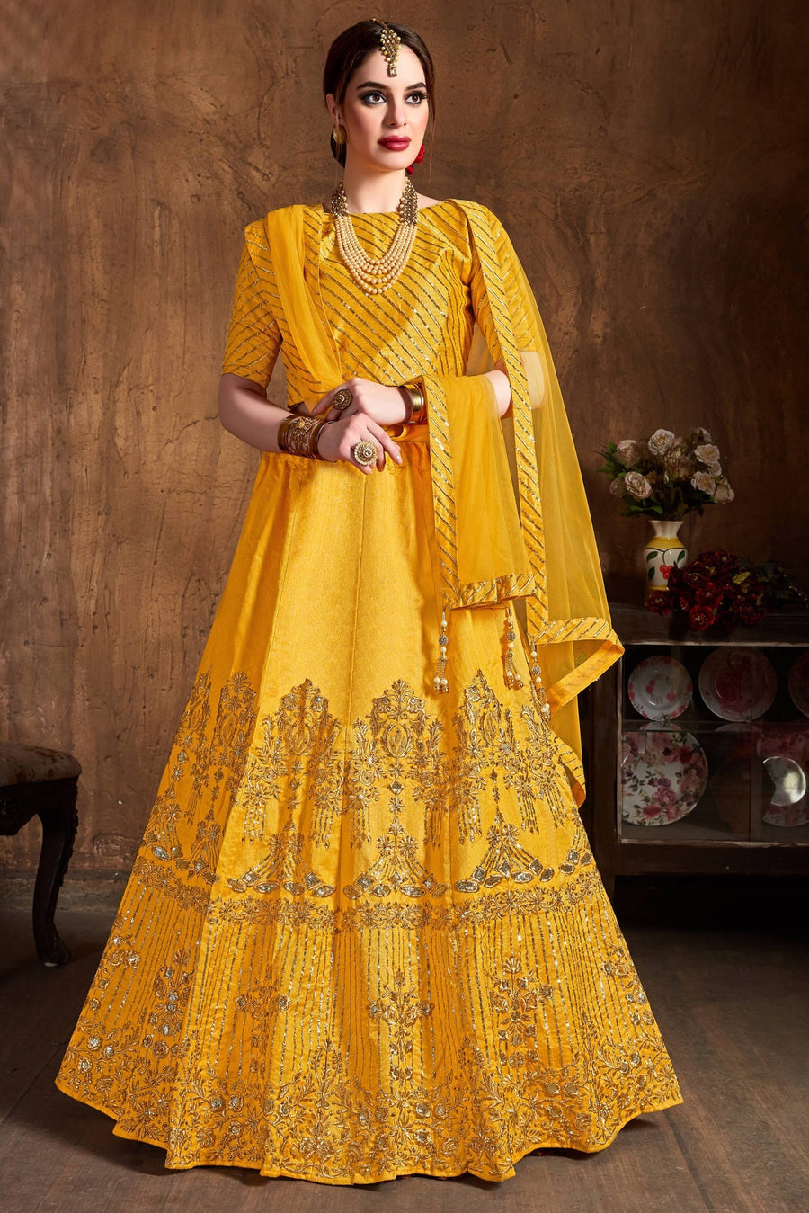 Yellow Gold Art Silk Lehenga for Women with Zari and Sequins Work