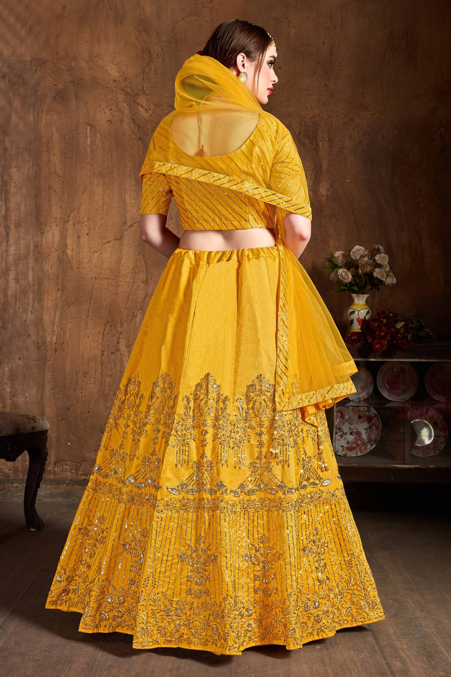 Yellow Gold Art Silk Lehenga for Women with Zari and Sequins Work
