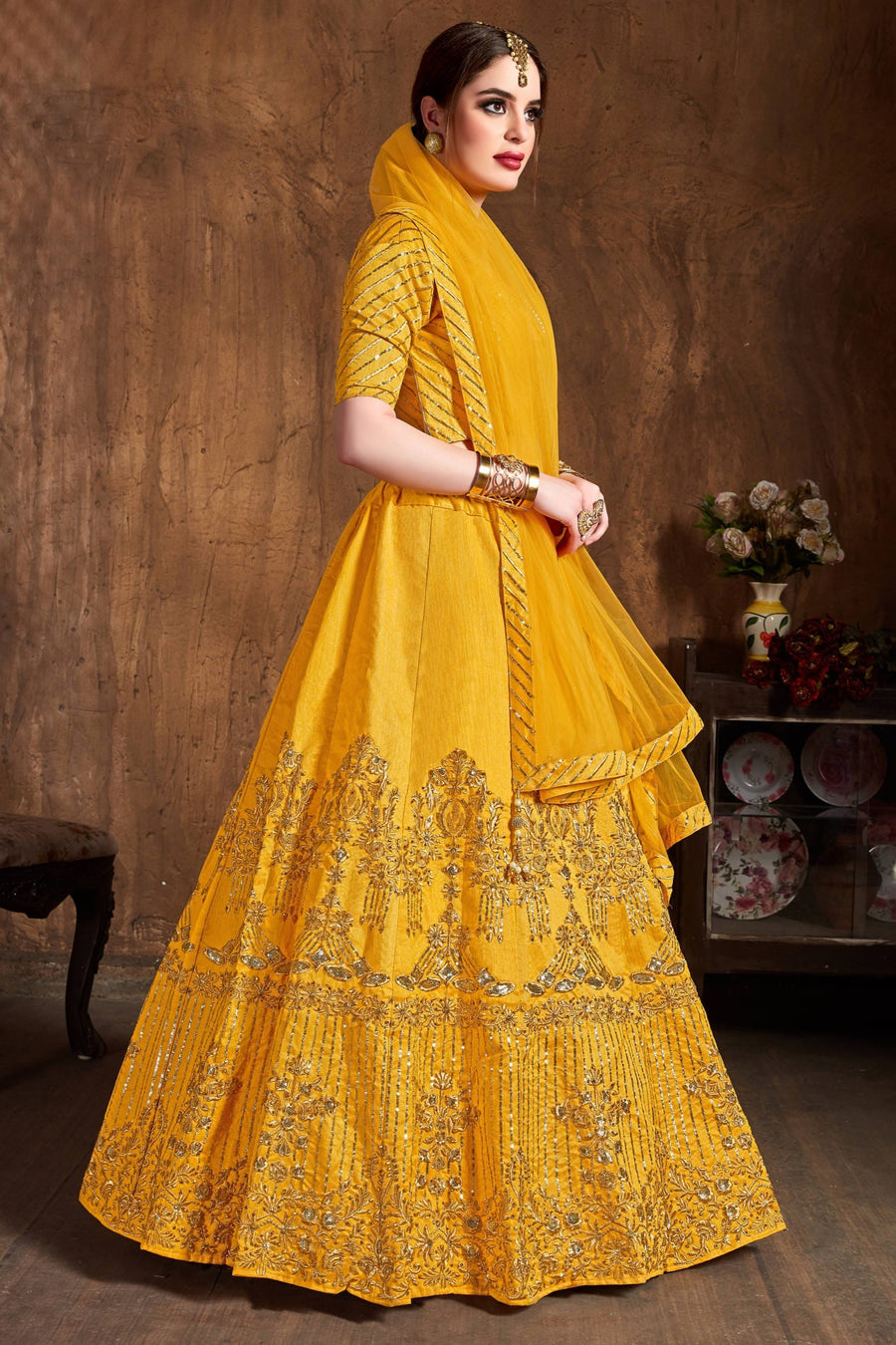 Yellow Gold Art Silk Lehenga for Women with Zari and Sequins Work