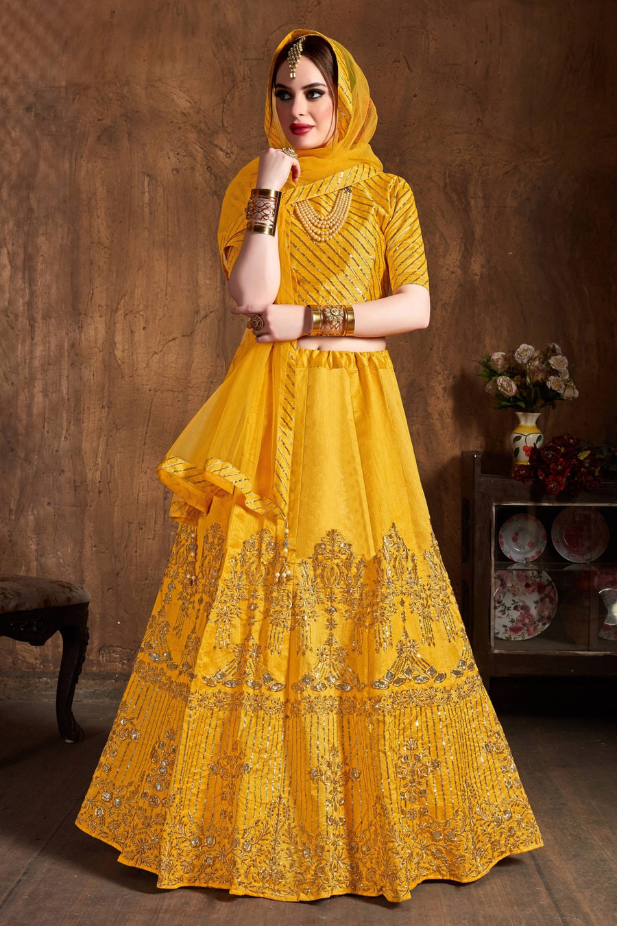 Yellow Gold Art Silk Lehenga for Women with Zari and Sequins Work
