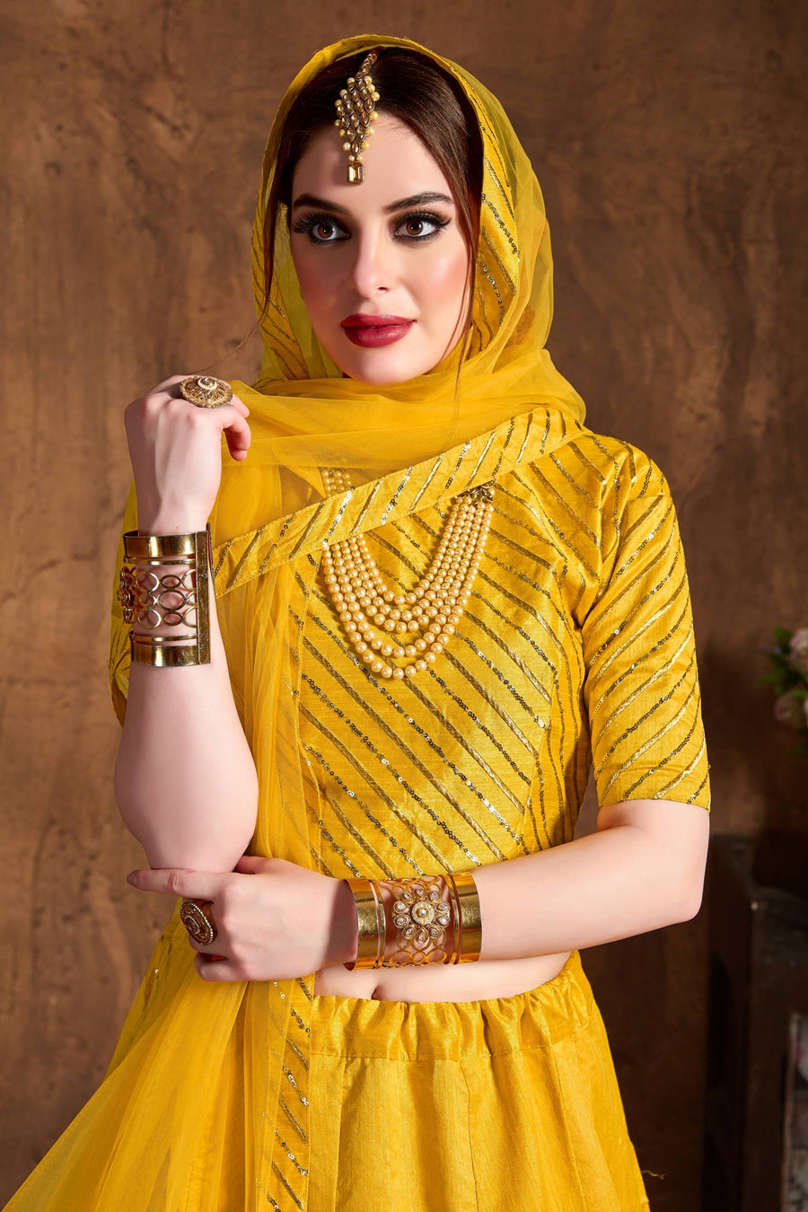 Yellow Gold Art Silk Lehenga for Women with Zari and Sequins Work
