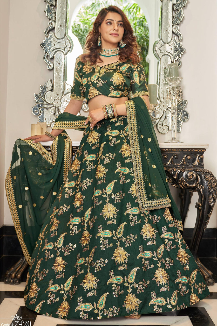 Green Art Silk Lehenga Choli For Indian & Pakistani Wedding Festival - Sequins & Thread Embroidery Work, Dori Work, Zari Work