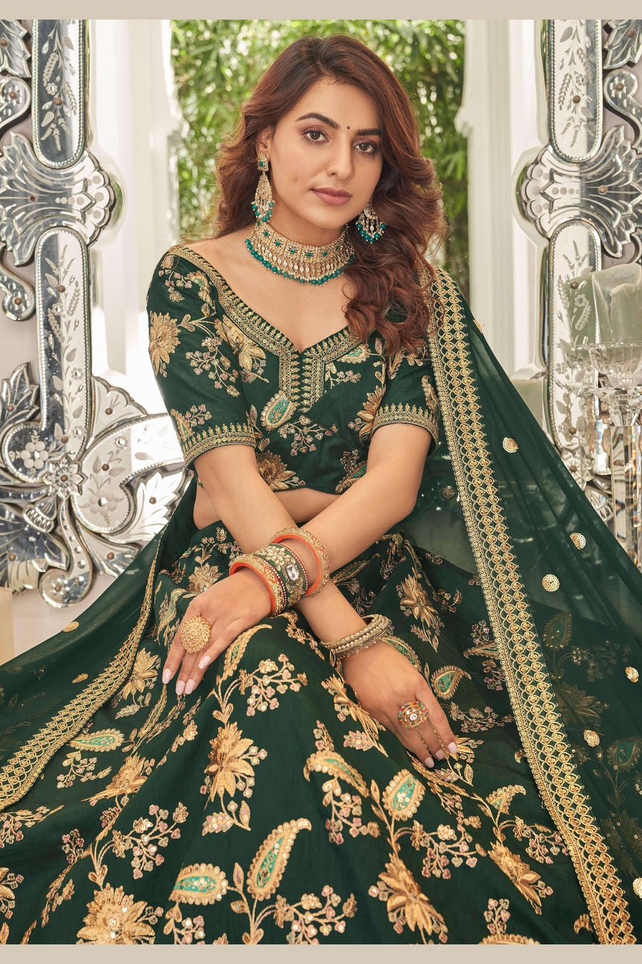 Green Art Silk Lehenga Choli For Indian & Pakistani Wedding Festival - Sequins & Thread Embroidery Work, Dori Work, Zari Work