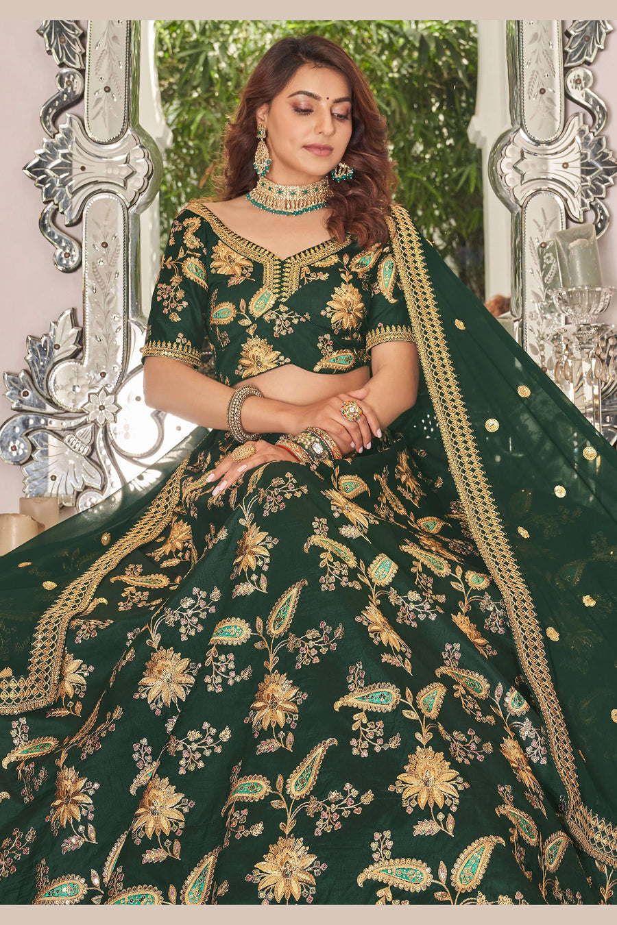 Green Art Silk Lehenga Choli For Indian & Pakistani Wedding Festival - Sequins & Thread Embroidery Work, Dori Work, Zari Work