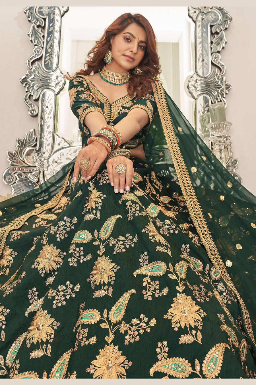 Green Art Silk Lehenga Choli For Indian & Pakistani Wedding Festival - Sequins & Thread Embroidery Work, Dori Work, Zari Work