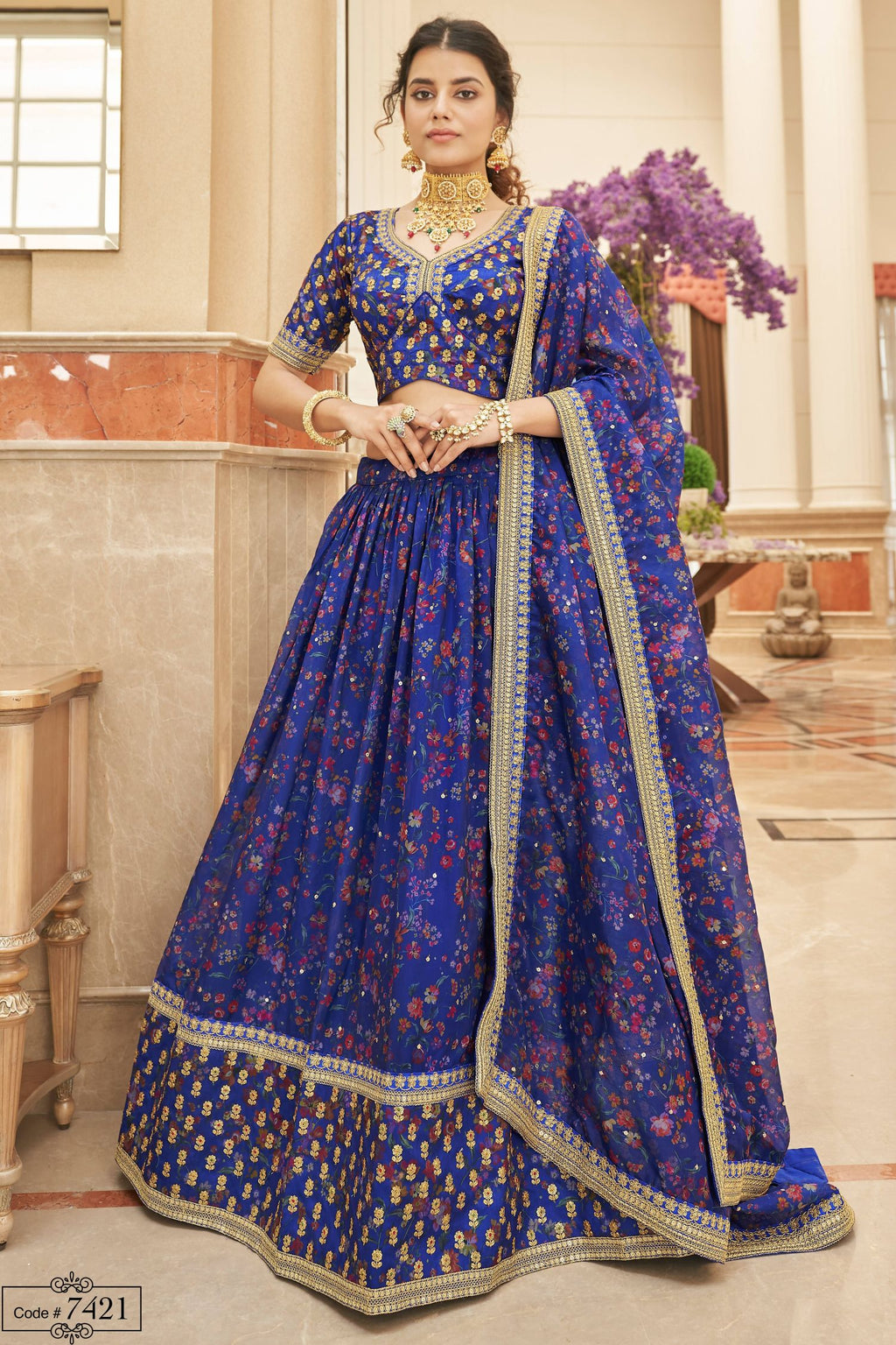 Blue Art Silk Lehenga Choli For Indian & Pakistani Wedding Festival - Sequins & Thread Embroidery Work, Dori Work, Zari Work